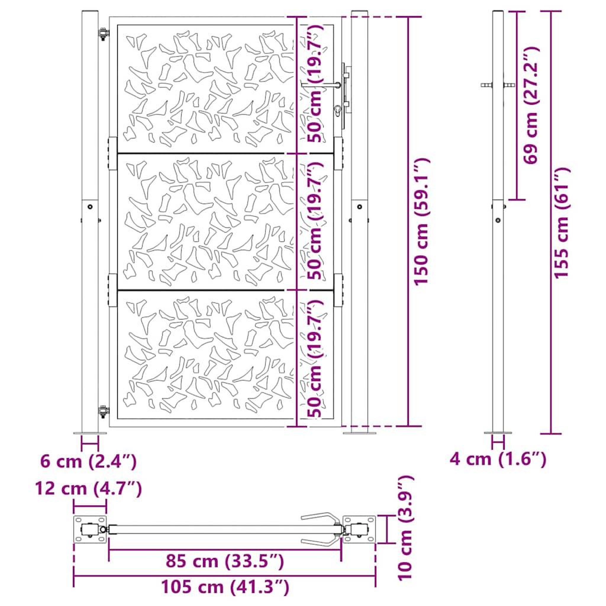 Voir la diapositive 6 : VIDAXL Portail de jardin noir 105x155 cm acier conception de feuilles