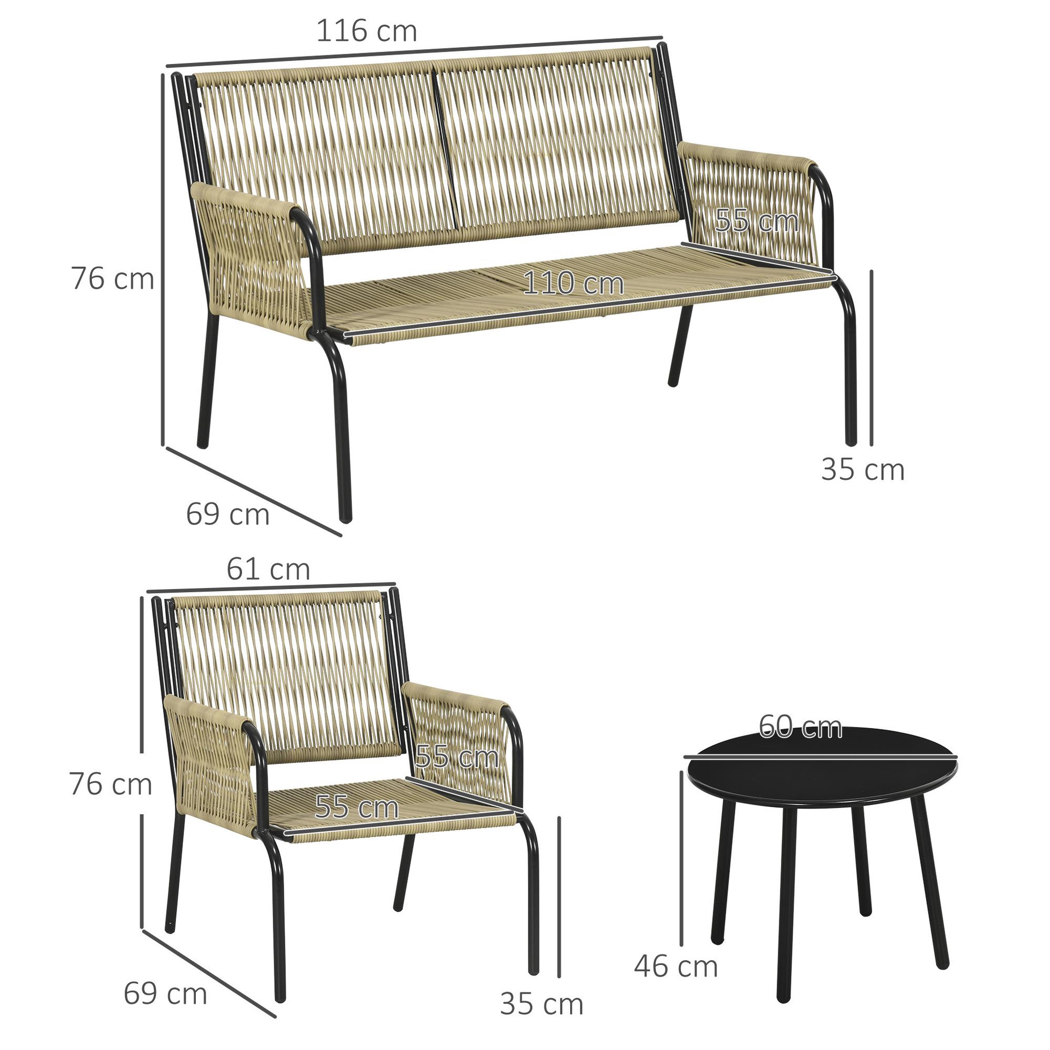 Voir la diapositive 3 : OUTSUNNY Salon de jardin en résine tressée modulable 4 pers. 5 pièces avec 1 canapé 2 fauteuils et 2 tables basses rondes acier sable