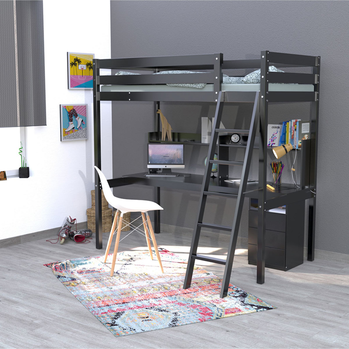 Lit Mezzanine 90x190cm en bois massif avec sommier bureau et caisson CITY