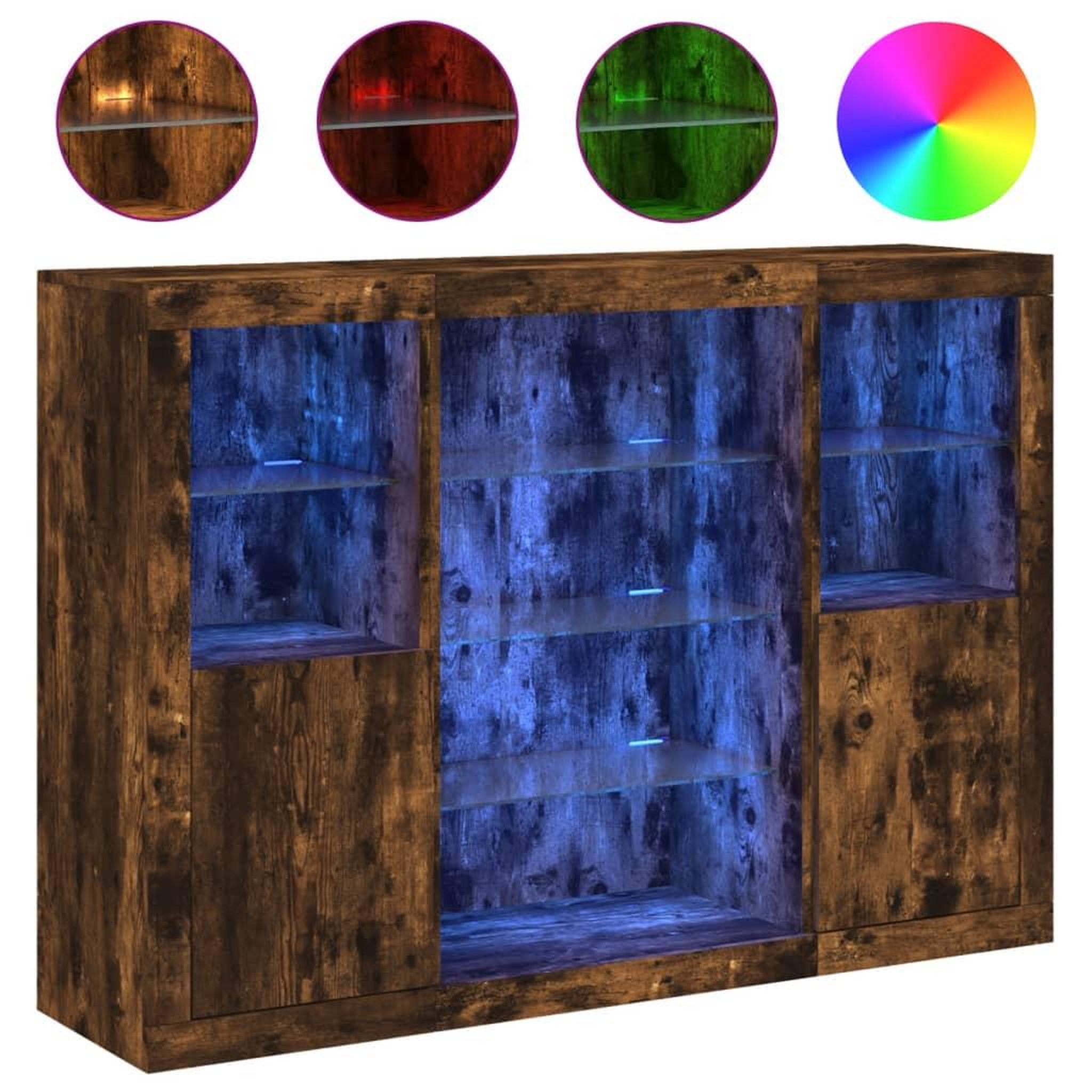 Voir la diapositive 2 : VIDAXL Buffets avec lumieres LED 3 pcs chene fume bois d'ingenierie