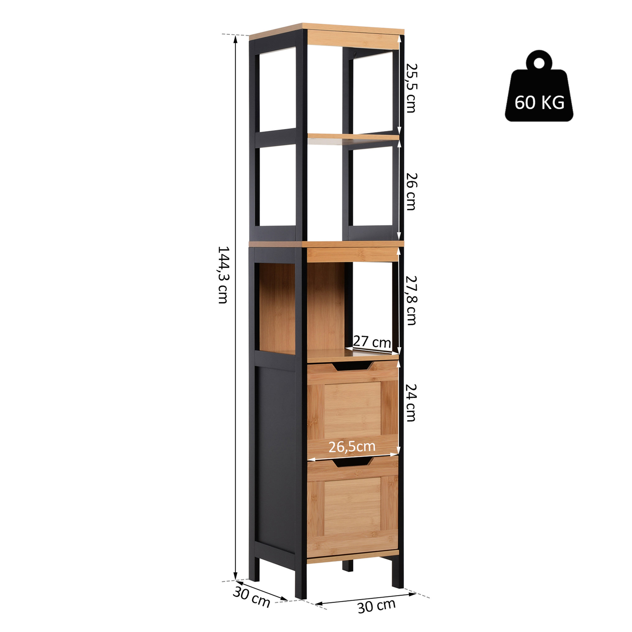 Voir la diapositive 3 : HOMCOM Meuble colonne rangement salle de bain style cosy dim. 30L x 30l x 144H cm 3 étagères 2 tiroirs bambou MDF noir