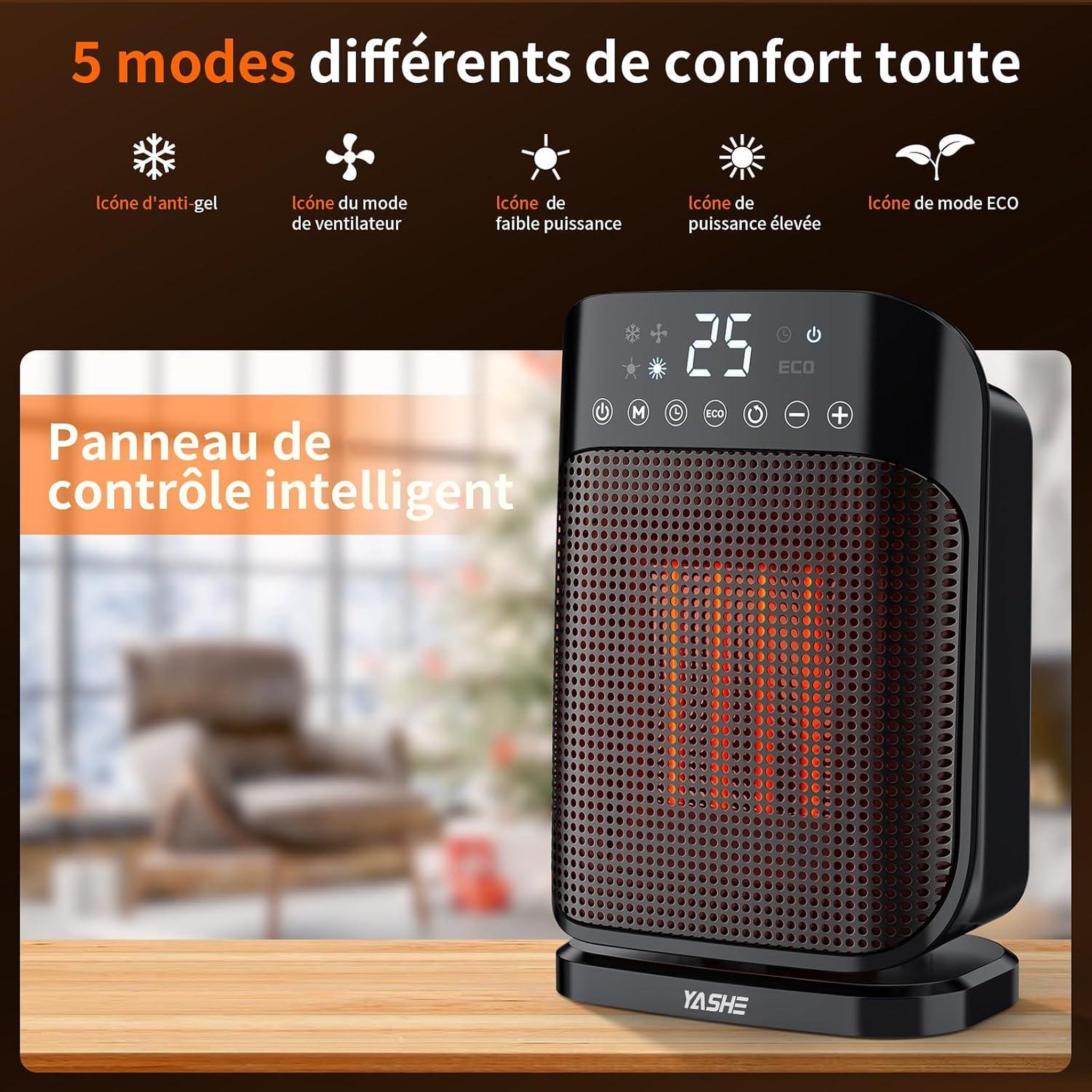 Voir la diapositive 3 : YASHE Chauffage soufflant, 1800 W, ECO, oscillation 75°, noir