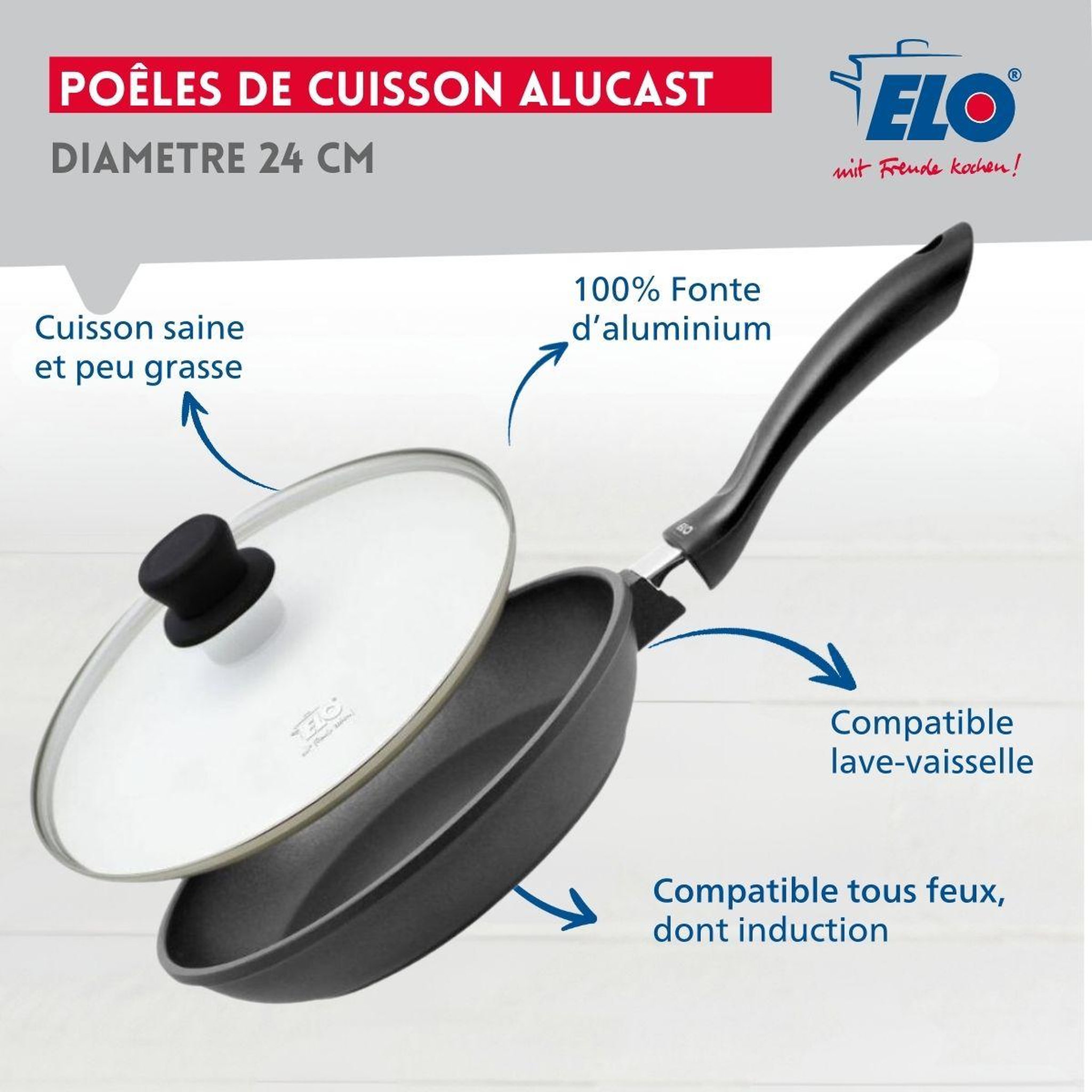 Voir la diapositive 3 : ELO Poêle à frire 24 cm et couvercle en verre sans pfas elo alucast