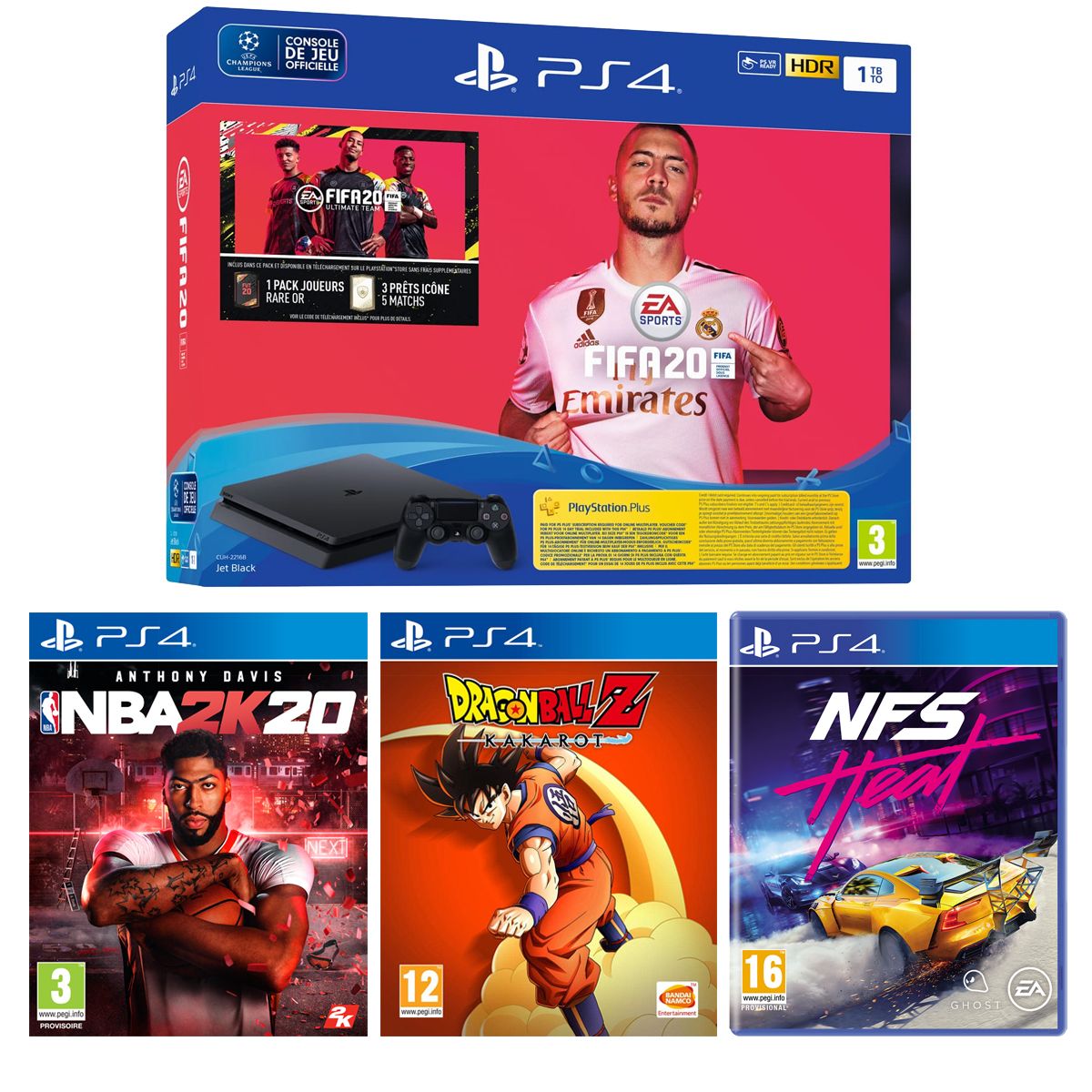Console PS4 Slim Noire 1To FIFA 20 + NBA 2K20 + Need For Speed Heat + Dragon Ball Z: Kakarot