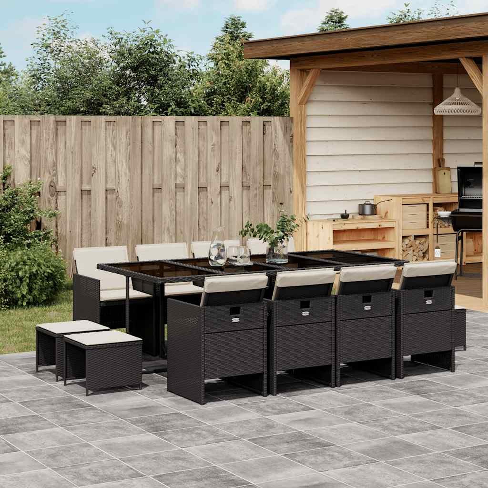 VIDAXL Ensemble a manger de jardin 13 pcs coussins noir resine tressee