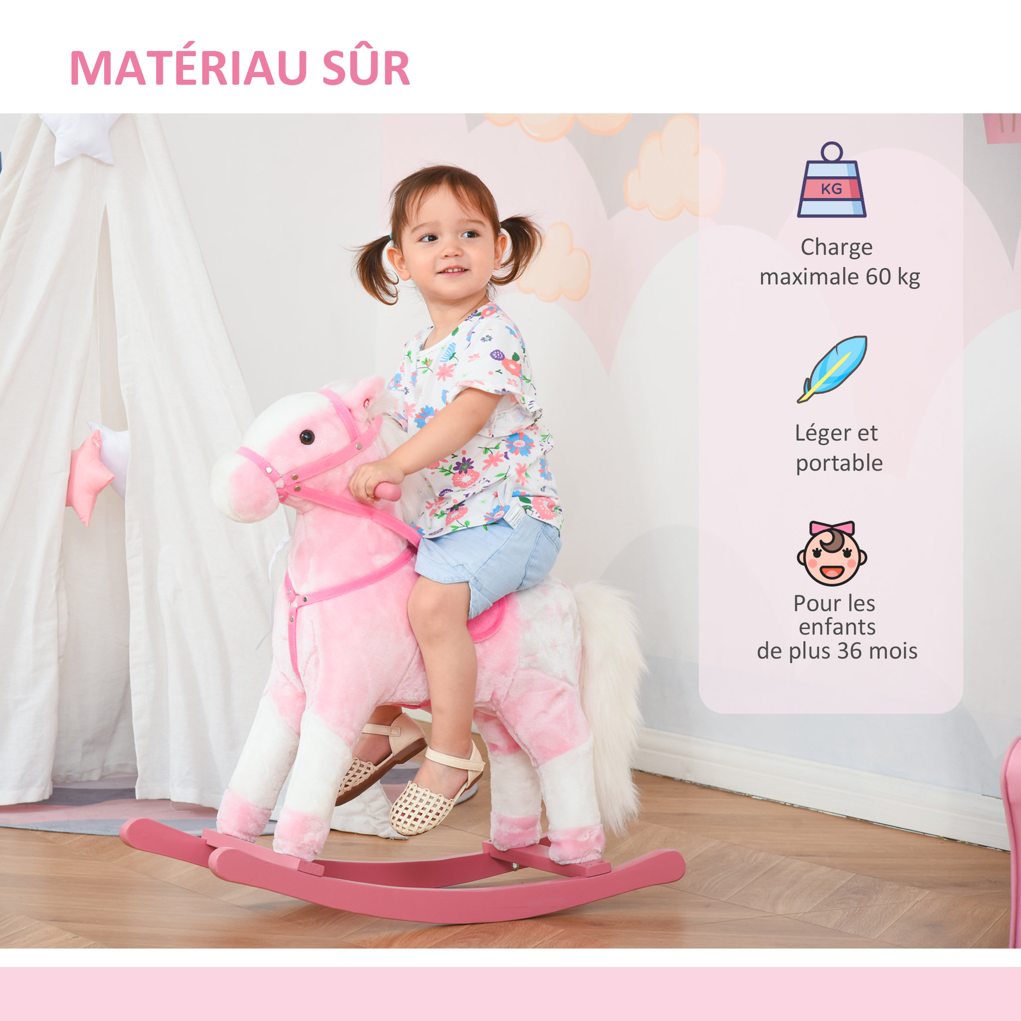 Voir la diapositive 6 : HOMCOM Cheval à bascule cheval de cowboy effet sonore selle rênes rose blanc