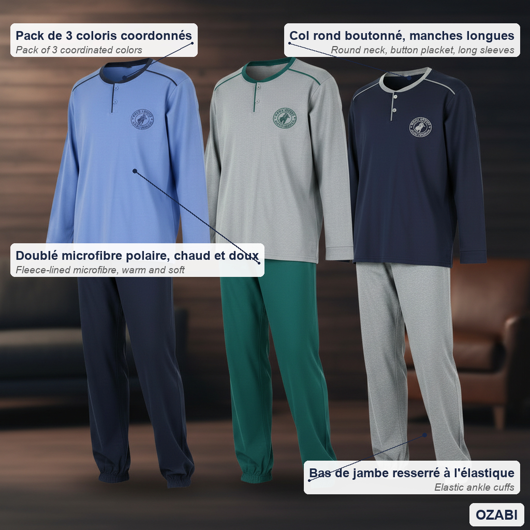 Voir la diapositive 5 : OZABI Ozabi ensemble pyjama homme doublé polaire pack de 3 coloris assortis