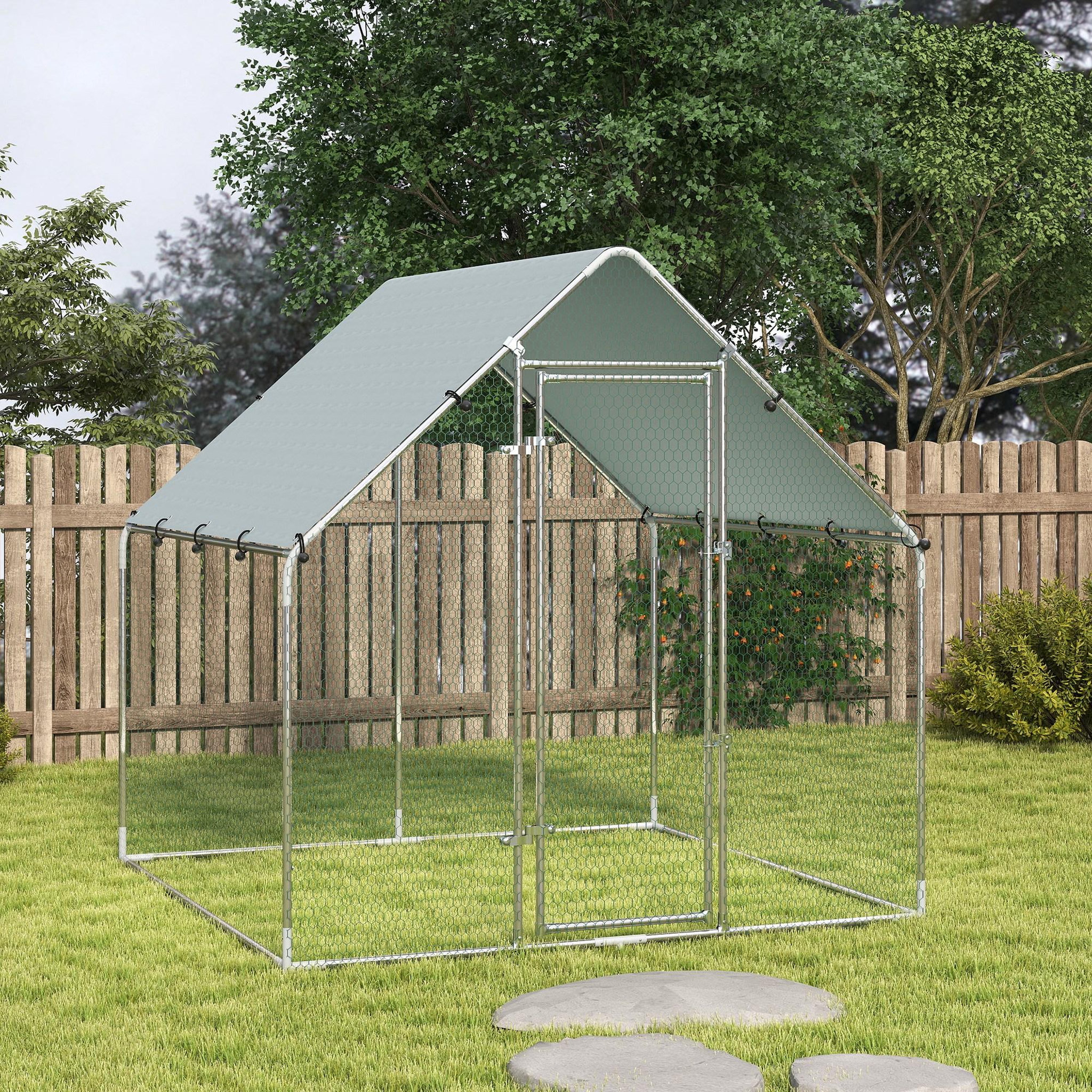 Voir la diapositive 4 : PAWHUT Enclos poulailler extérieur 4 m² bâche Oxford 420D anti-UV argent