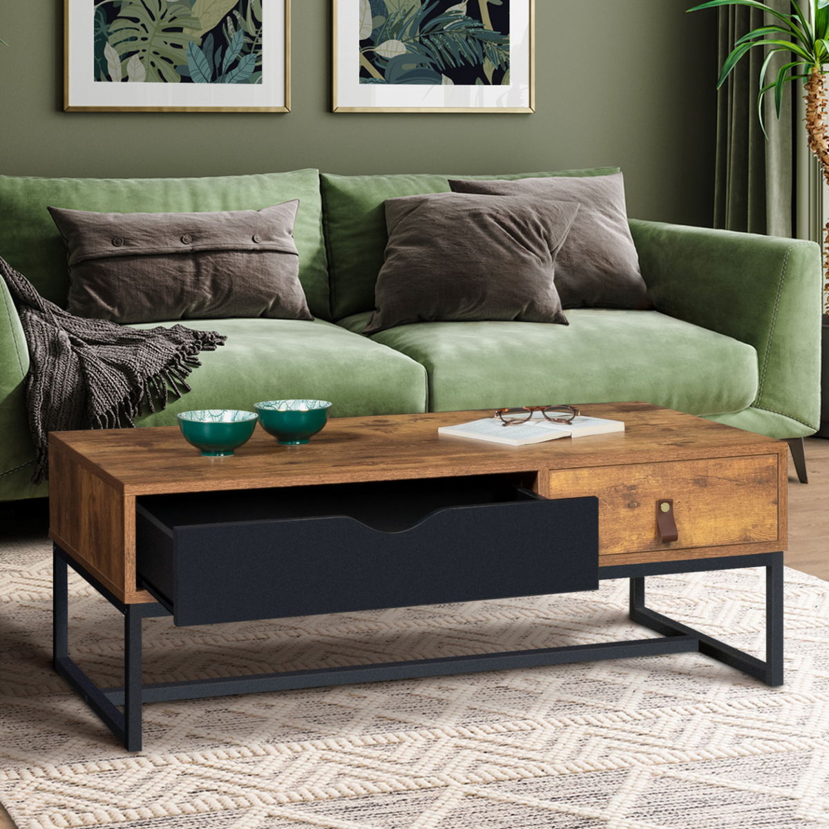 ID MARKET Table basse rectangulaire CHICAGO 2 tiroirs design industriel