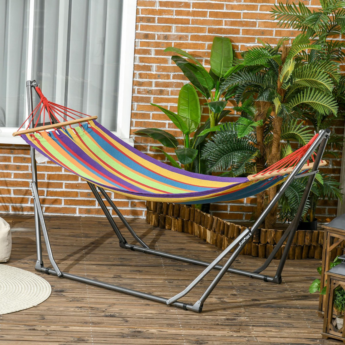 OUTSUNNY Hamac de jardin pliable avec support acier époxy et toile coton lin multicolore
