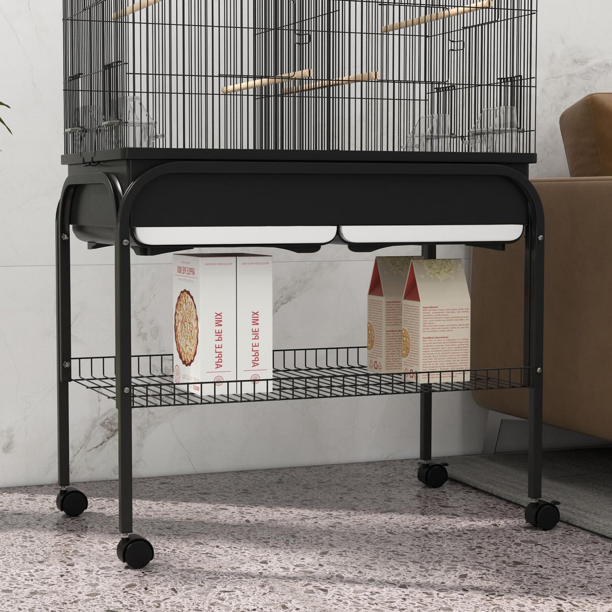 PAWHUT Grande cage oiseaux - cage perroquet - grande volière sur roulettes - étagère, plateaux coulissants, accessoires - noir