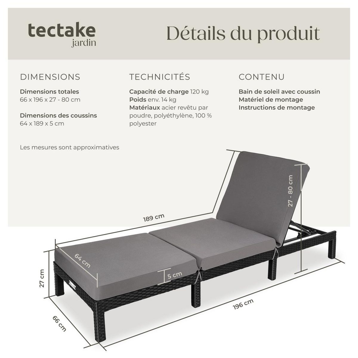 tectake Bain de soleil en rotin robuste noir