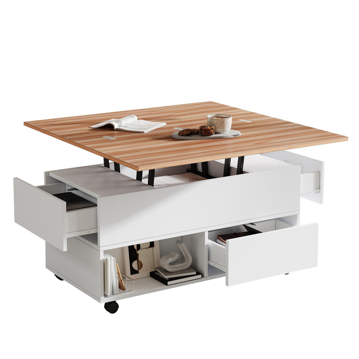 MERAX Table basse relevable rectangulaire blanc+naturel - 50x100 cm panneau de particules