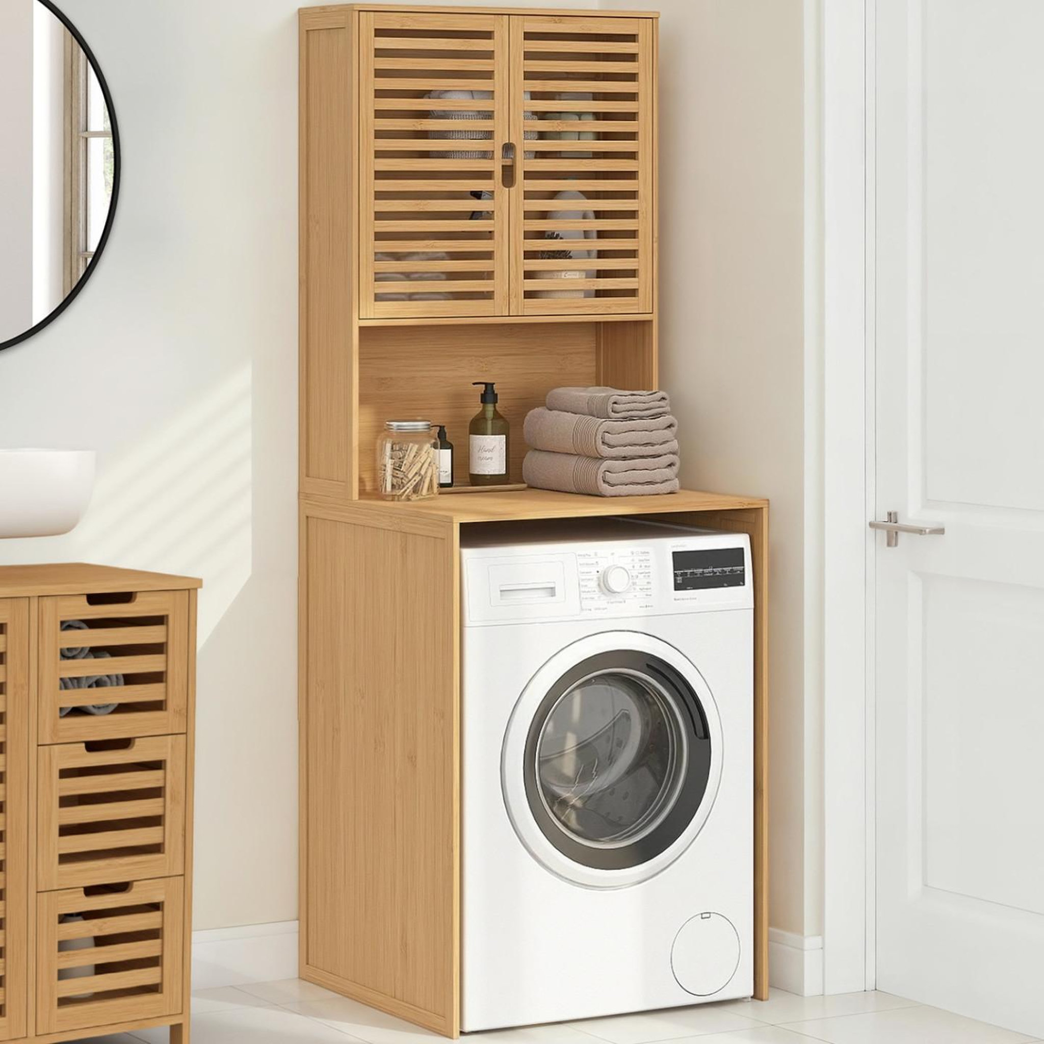 Voir la diapositive 2 : ID MARKET Meuble dessus de machine à laver bambou bea avec placard