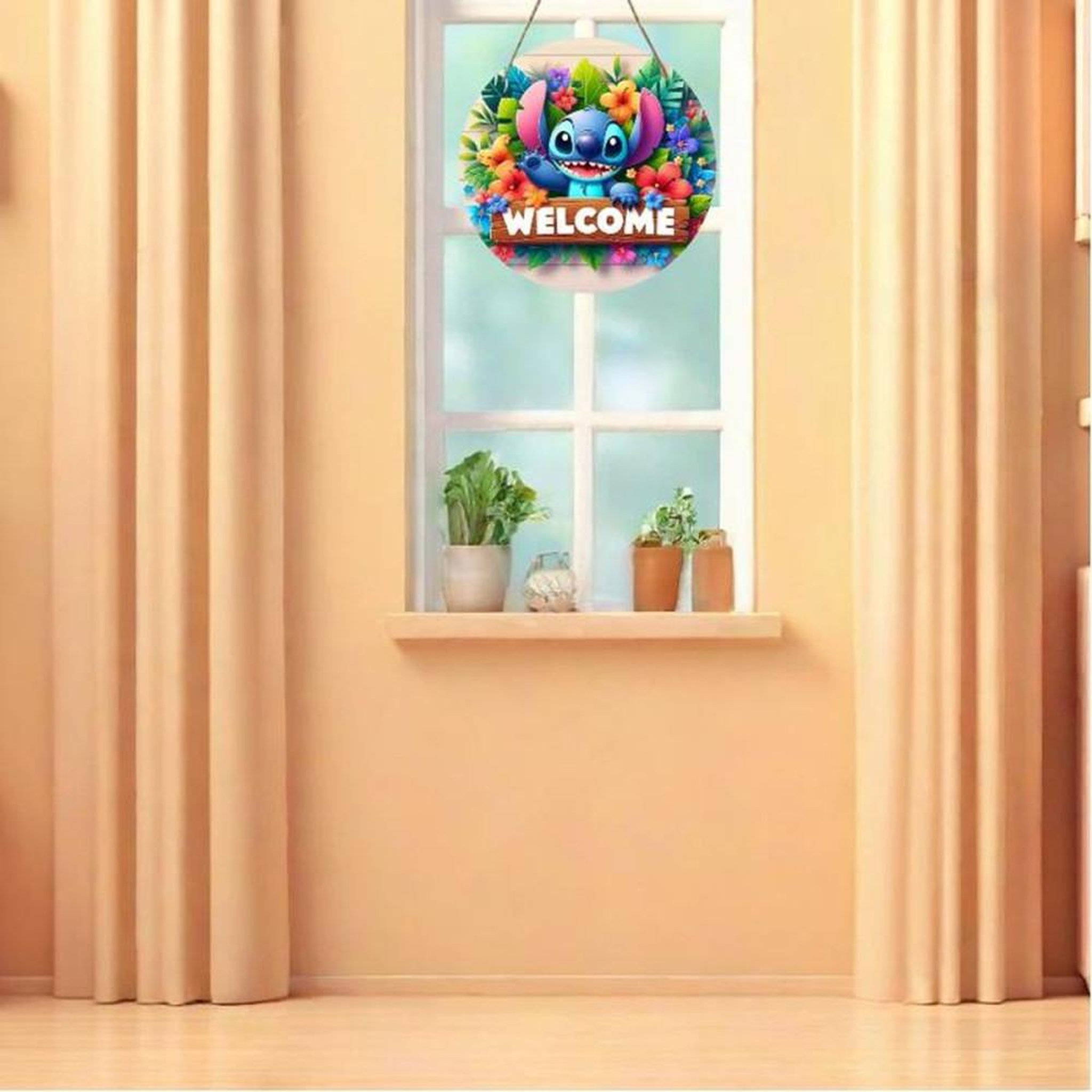 Voir la diapositive 6 : panneau décoratif suspendu rond WELCOME en bois imprimé multicolore, motif couture et personnage cartoon, fleurs et feuilles tropicales, pour portes et fenêtres, 20 cm