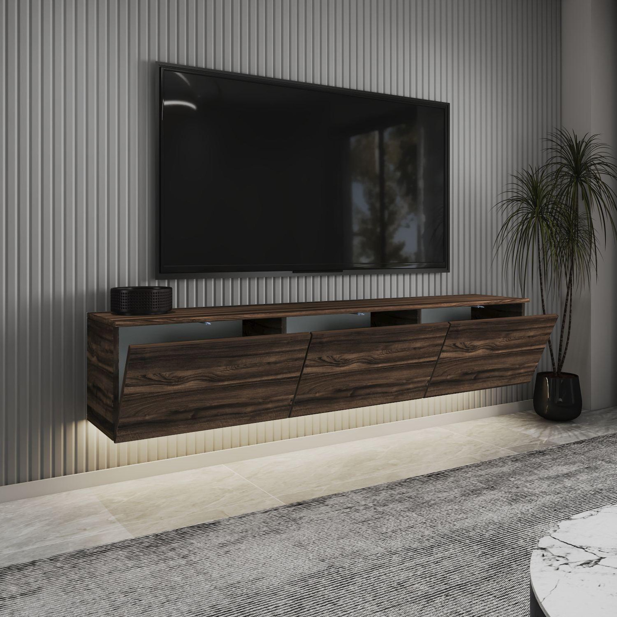 Voir la diapositive 4 : Habitat et Jardin Meuble tv suspendu en bois avec éclairage led  neon  - 160 x 32 x 35 cm - marron