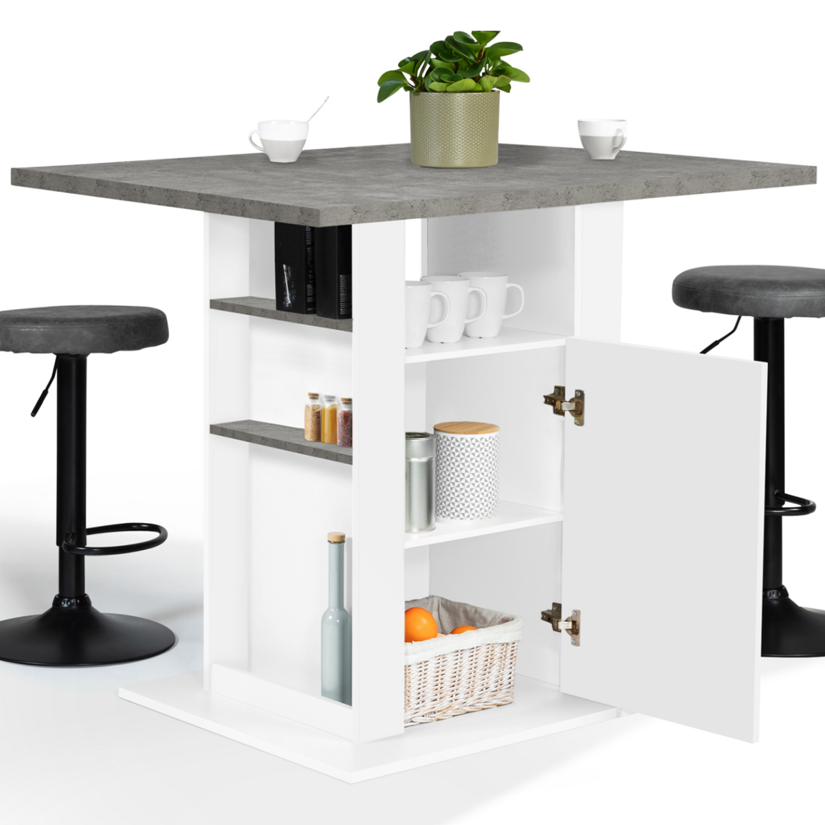 ID MARKET Ilot central UGO 110 cm plateau effet béton et blanc avec rangements