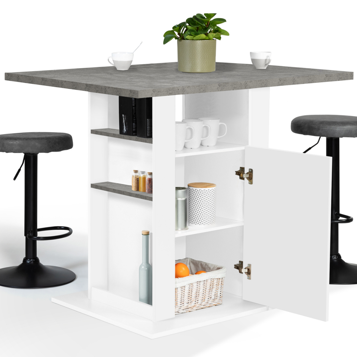 ID MARKET Ilot central UGO 110 cm plateau effet béton et blanc avec rangements