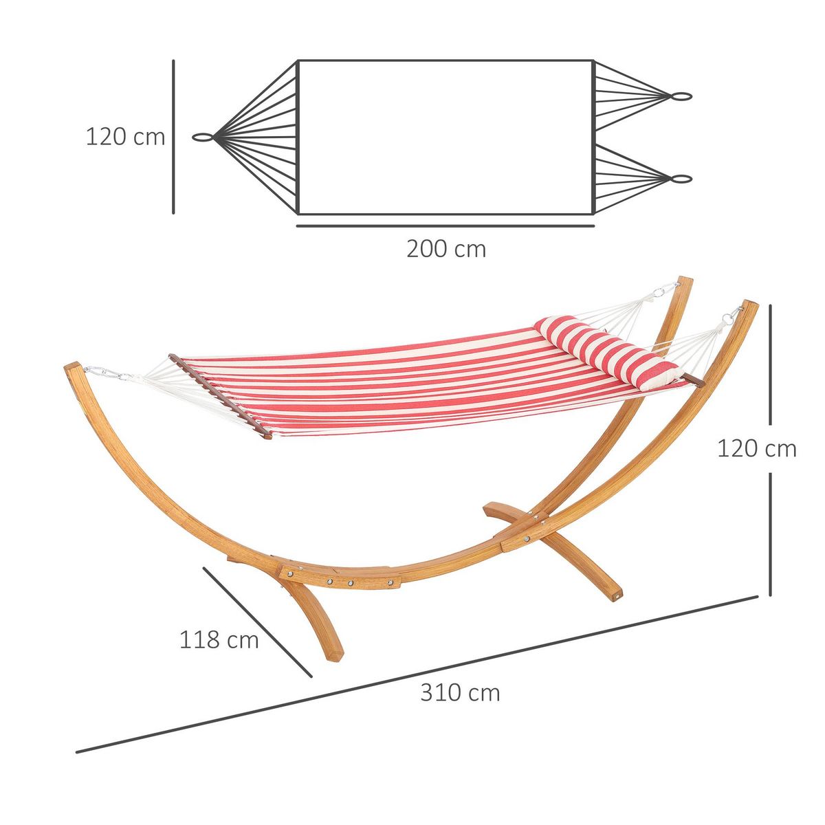 OUTSUNNY Hamac sur pied en bois - 1 place - bois teinte teck toile 100% coton rouge blanc rayée