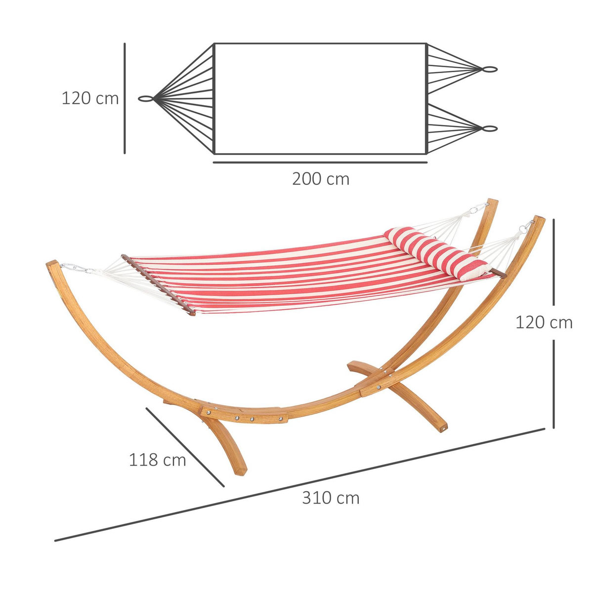 OUTSUNNY Hamac sur pied en bois - 1 place - bois teinte teck toile 100% coton rouge blanc rayée