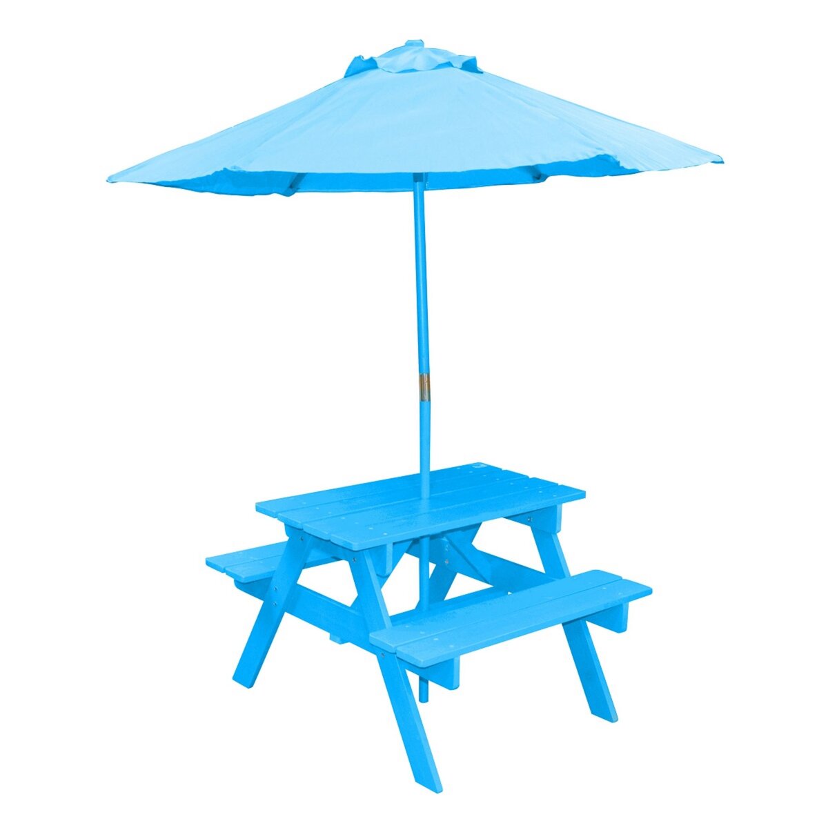 Table de pique nique en bois et parasol bleu BEE