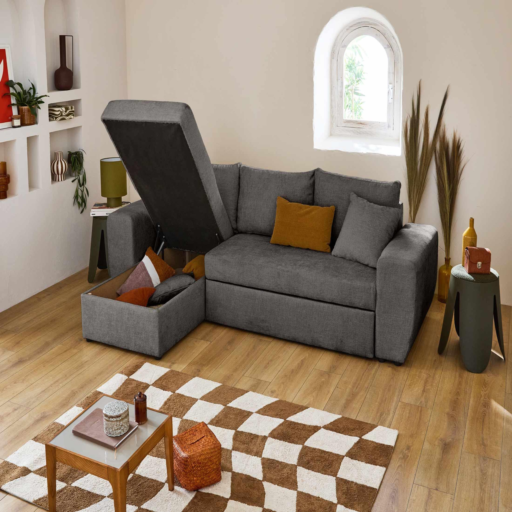 Voir la diapositive 3 : BEST MOBILIER Milan - canapé d'angle réversible 4 places - convertible avec coffre - en velours texturé