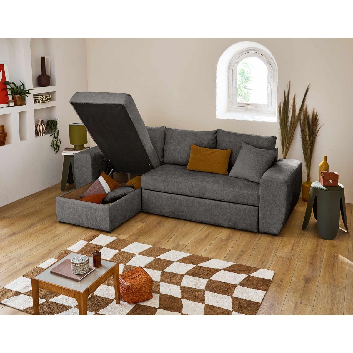 BEST MOBILIER Milan - canapé d'angle réversible 4 places - convertible avec coffre - en velours texturé