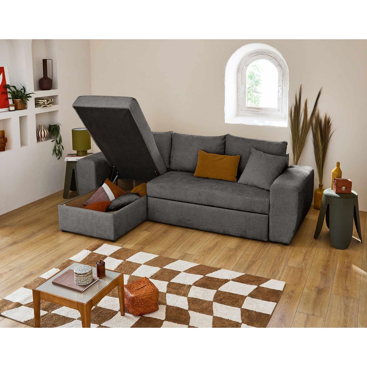 BEST MOBILIER Milan - canapé d'angle réversible 4 places - convertible avec coffre - en velours texturé