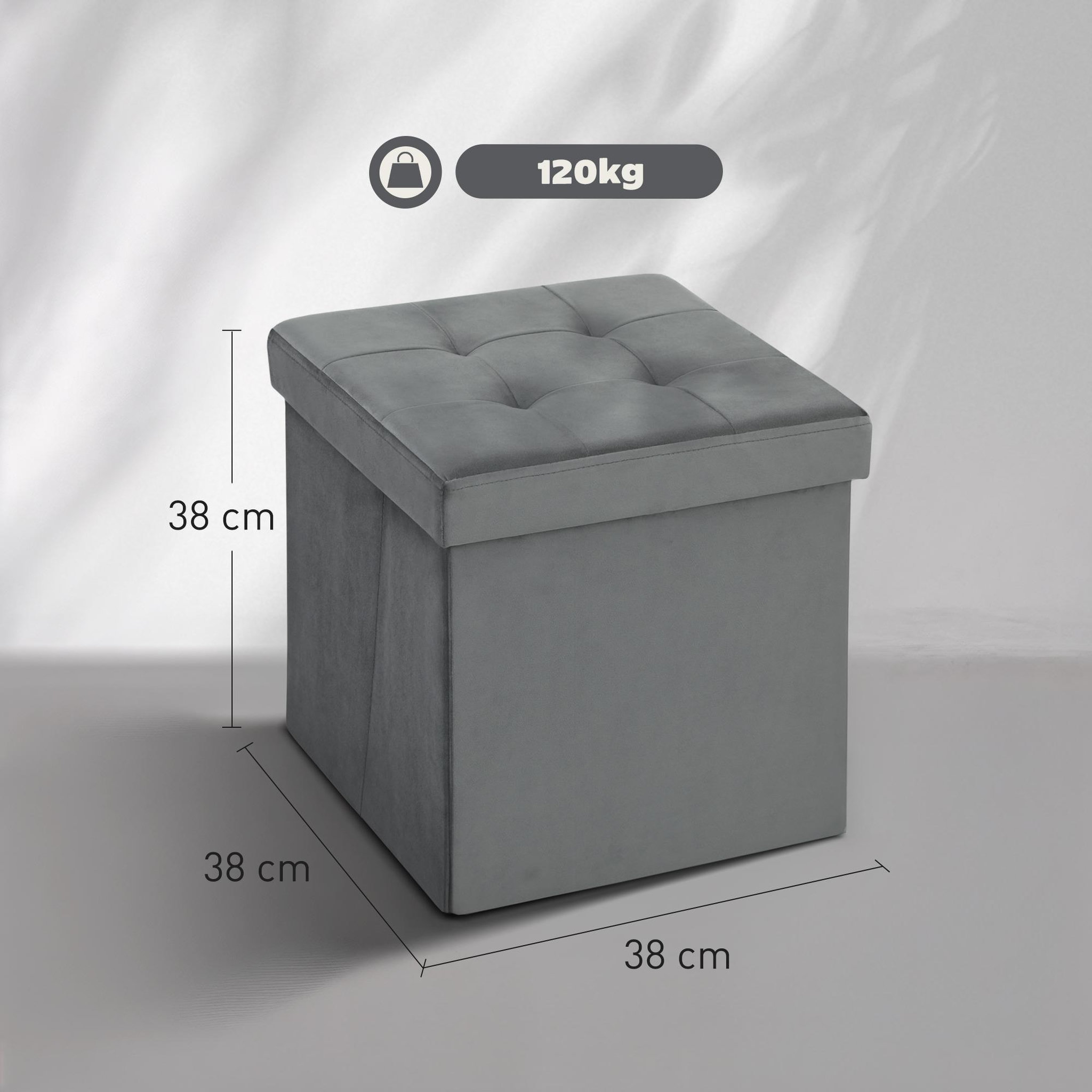 Voir la diapositive 3 : HOMCOM Pouf coffre velours effet capitonné pliable - pouf de rangement - dim. 38x38x38cm - gris