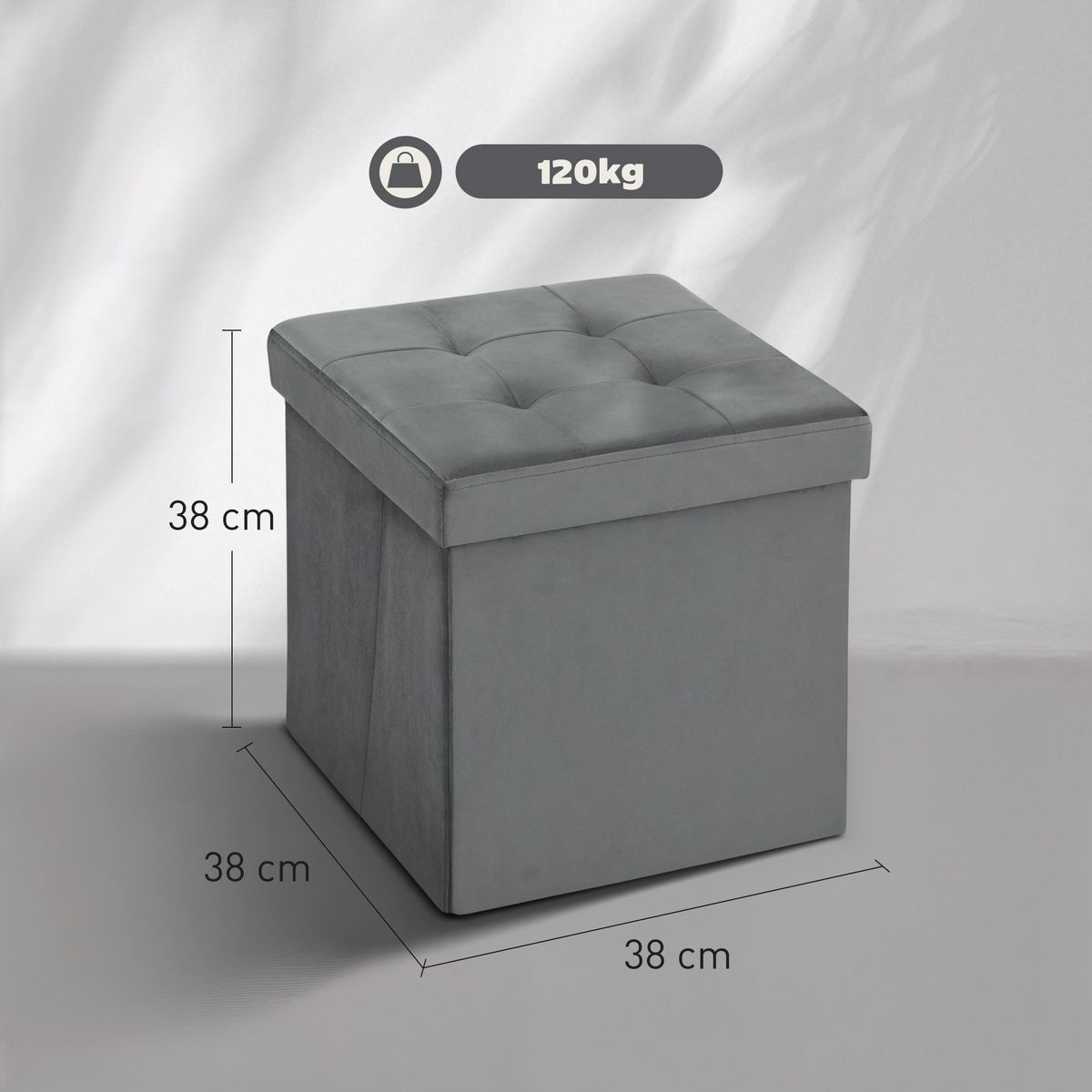 HOMCOM Pouf coffre velours effet capitonné pliable - pouf de rangement - dim. 38x38x38cm - gris