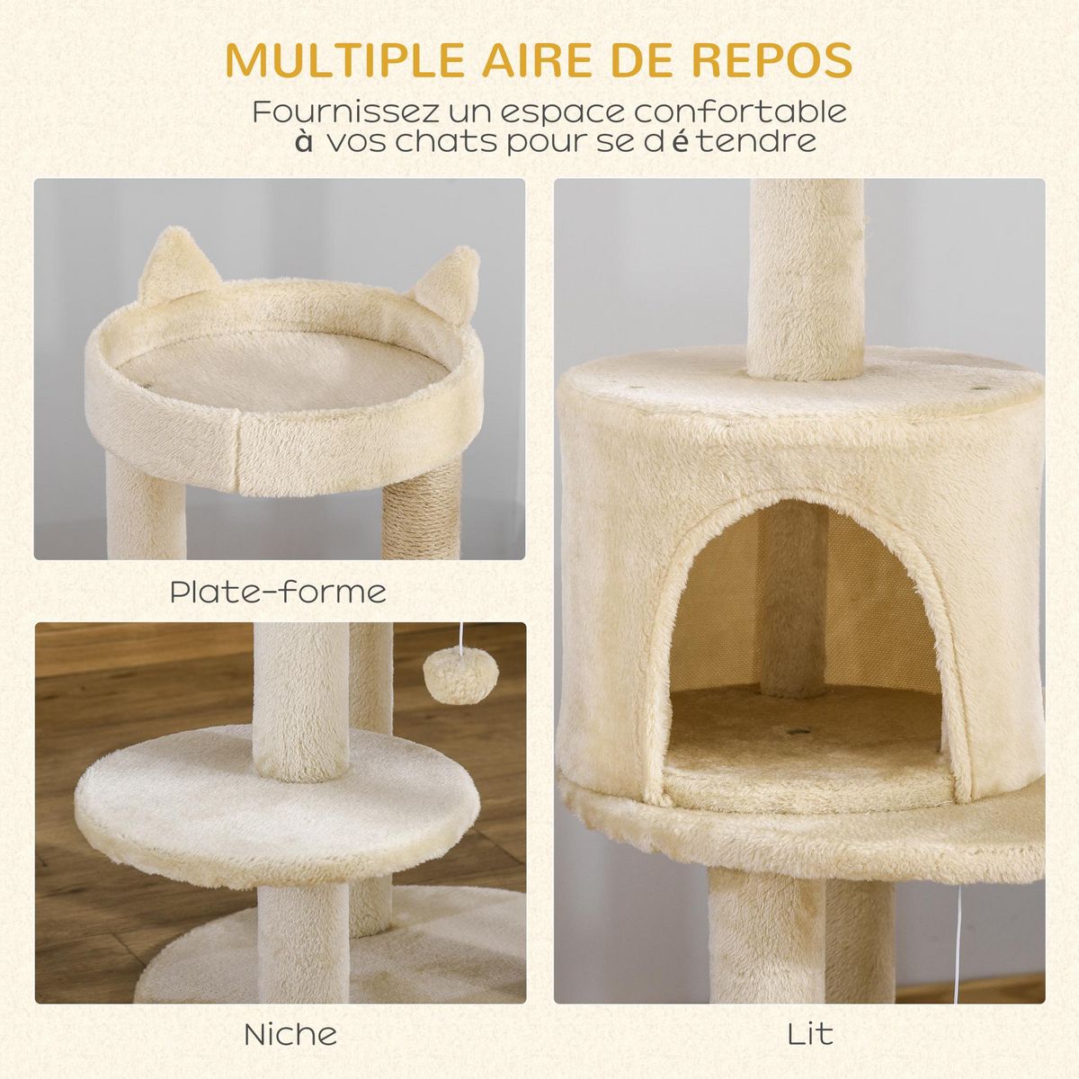 PAWHUT Arbre à chats multi-équipements griffoirs grattoirs plateformes niche jeu boule suspendue Ø 48 x 104H cm beige