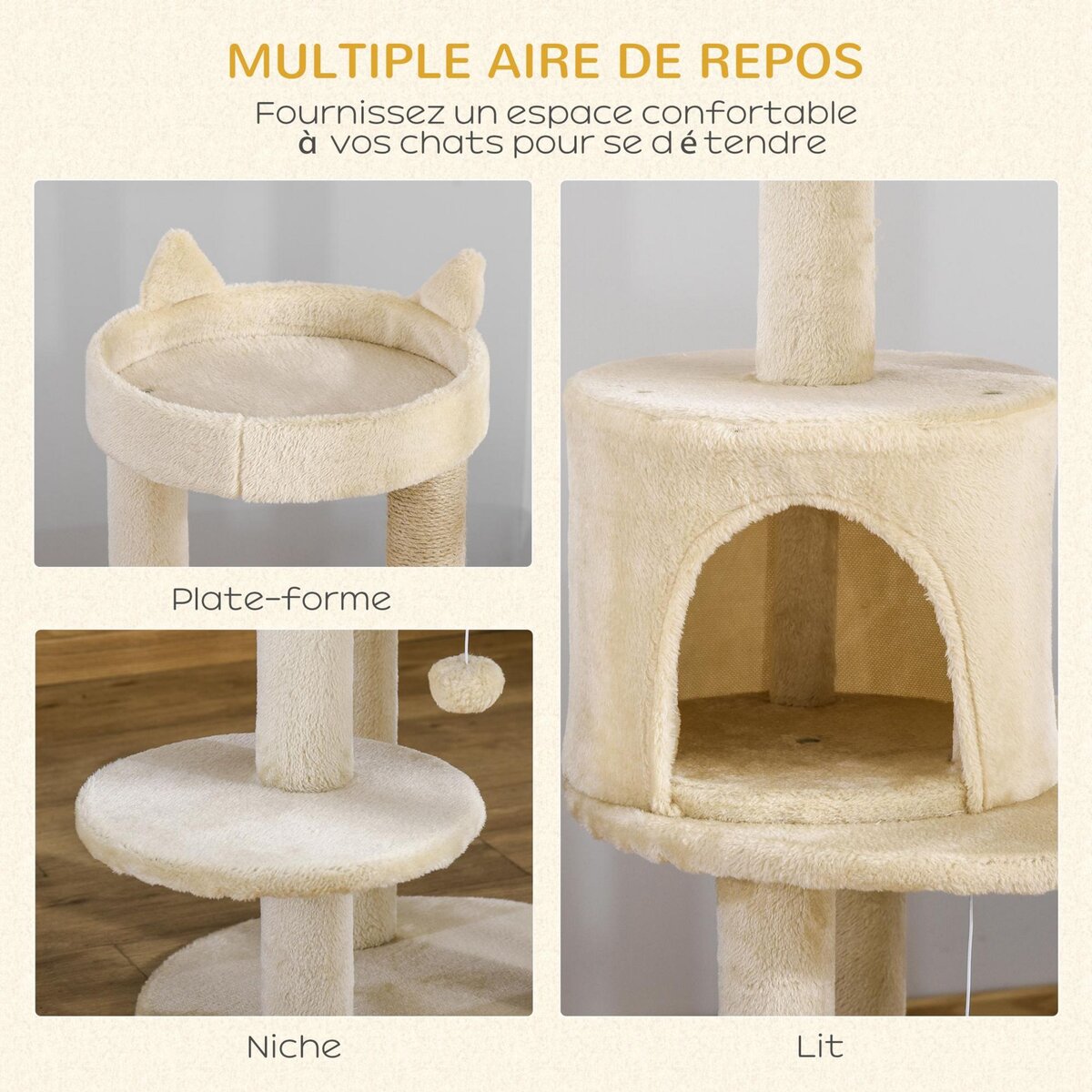 PAWHUT Arbre à chats multi-équipements griffoirs grattoirs plateformes niche jeu boule suspendue Ø 48 x 104H cm beige