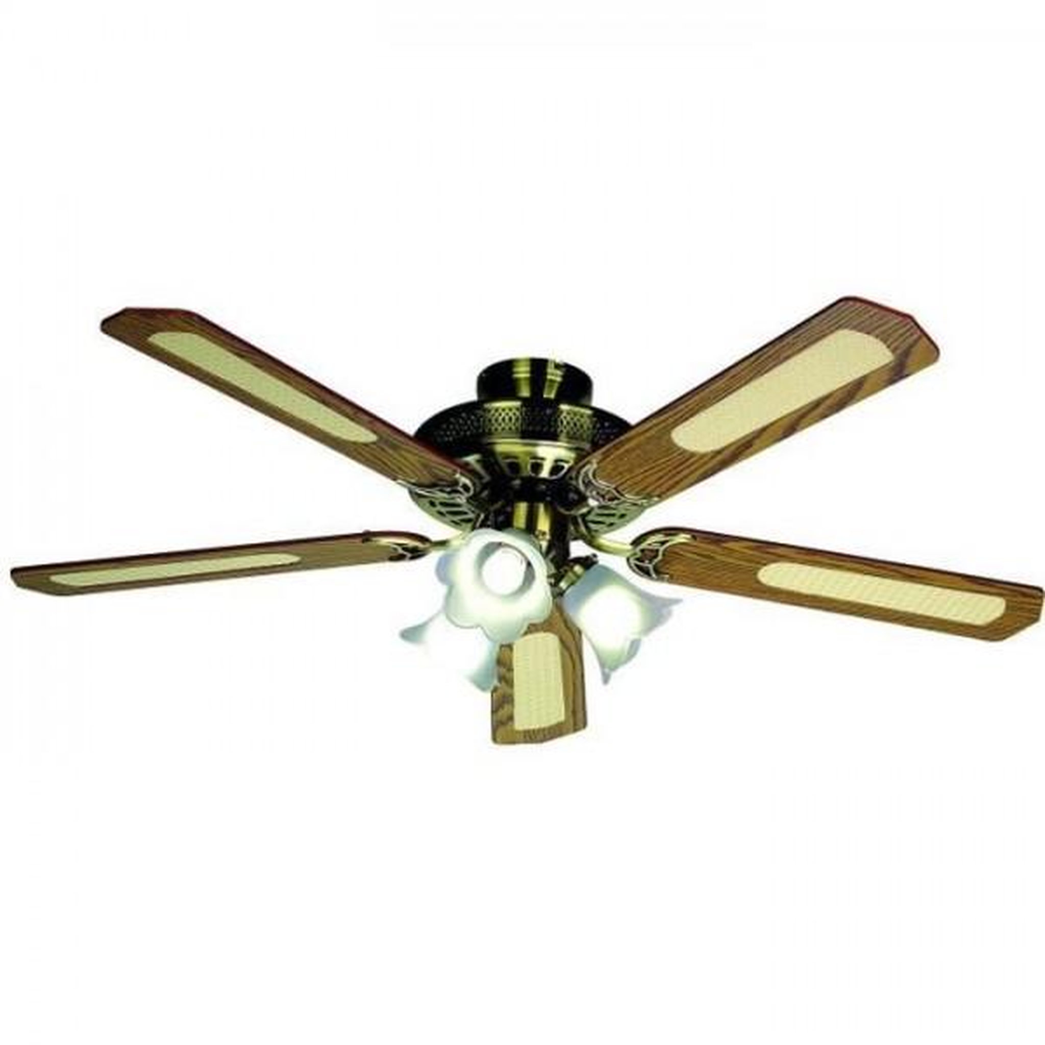 MARKET24 Ventilateur de Plafond - Plafonnier  réversible FARELEK BALEARES - Ø 132 cm, 5 pales noyer / cannées + éclairage 3 tulipes 60 W E27