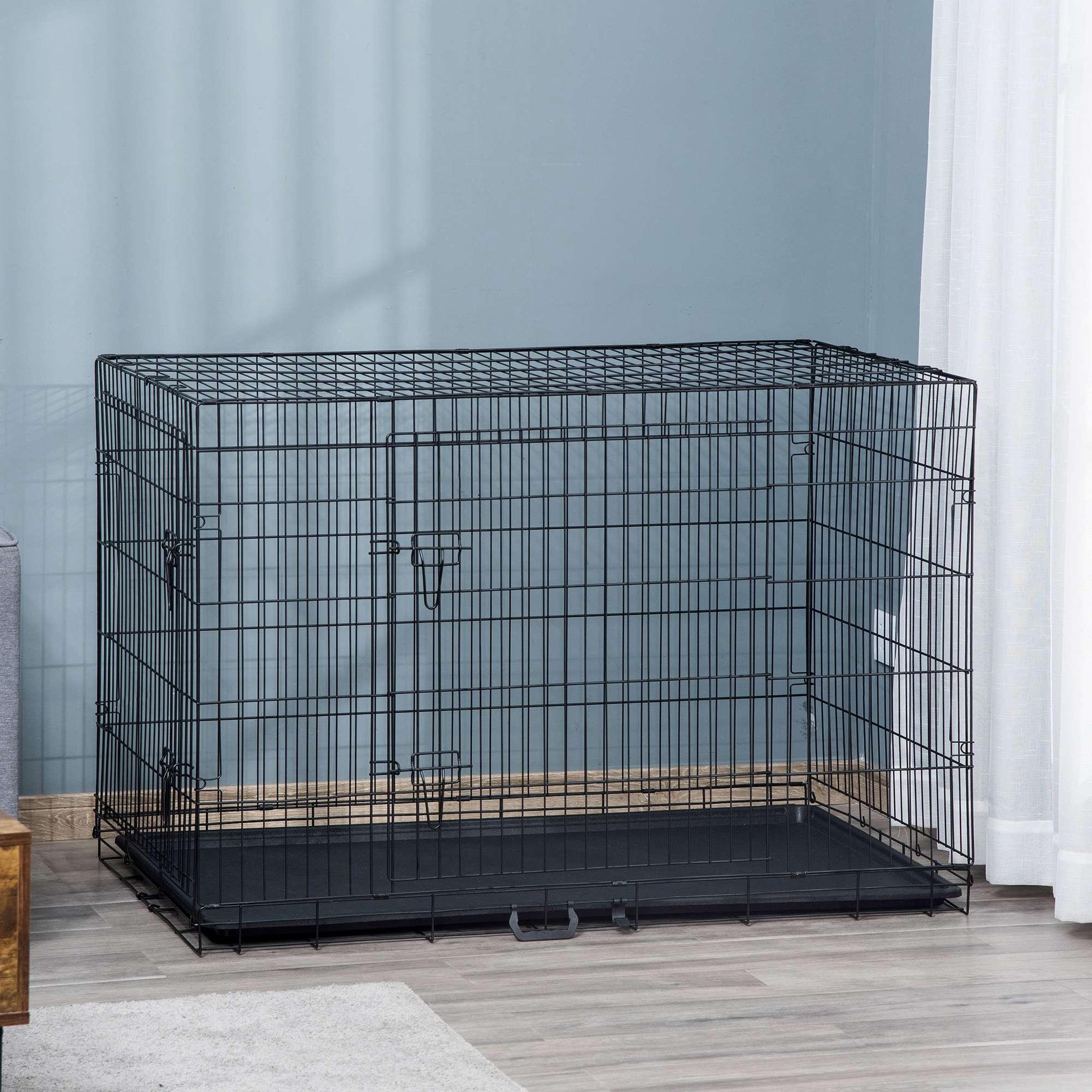 Voir la diapositive 2 : PAWHUT Cage de transport pour chien pliable - 2 portes verrouillables - plateau amovible - dim. 121l x 77l x 82h cm - acier abs noir