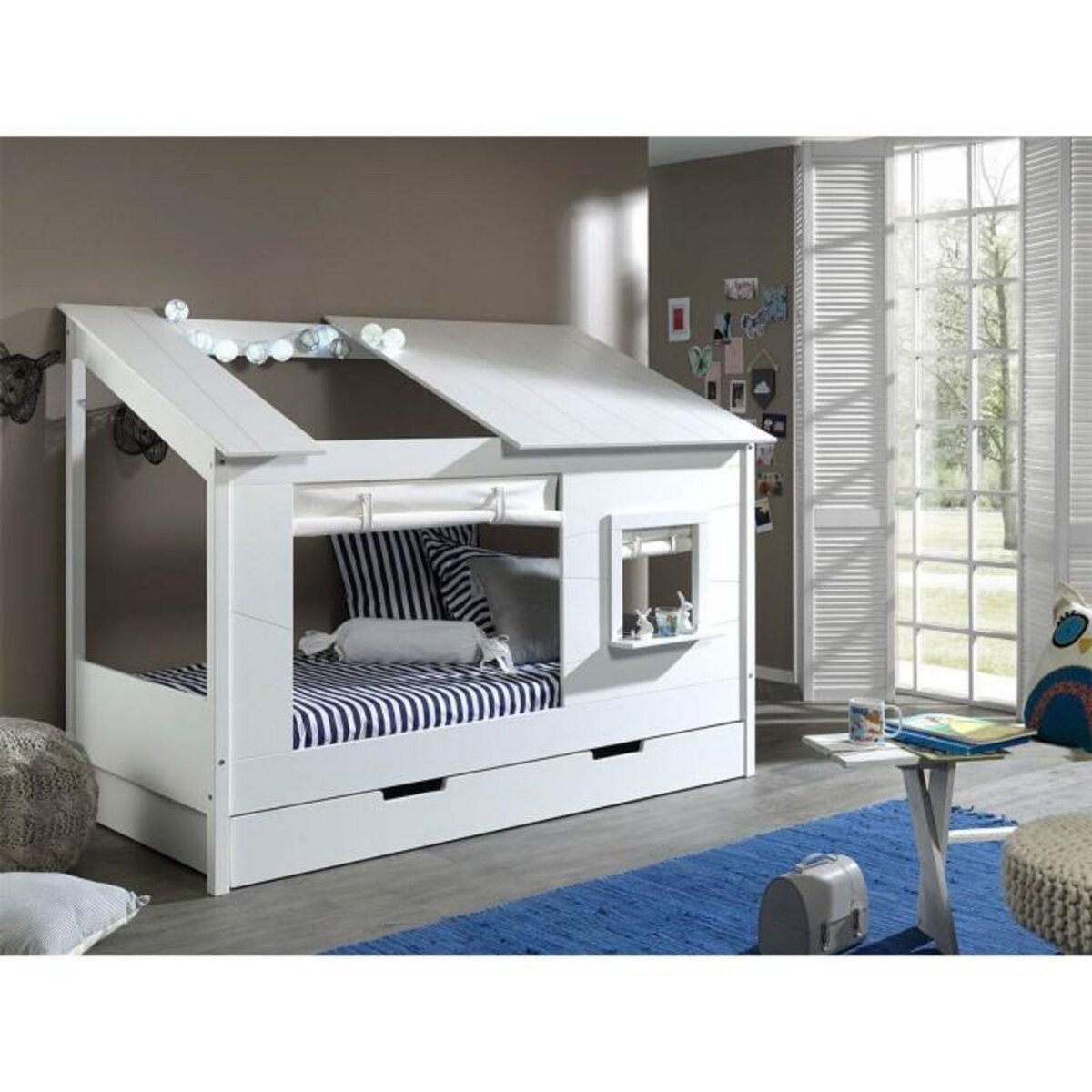 Paris Prix Pack - Lit Cabane Enfant & Rideaux  Housebed II  90x200cm Blanc