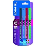 PILOT Lot de 4 stylos roller pointe fine encre liquide bleu/rouge/vert/noir V5 HI-TECPOINT