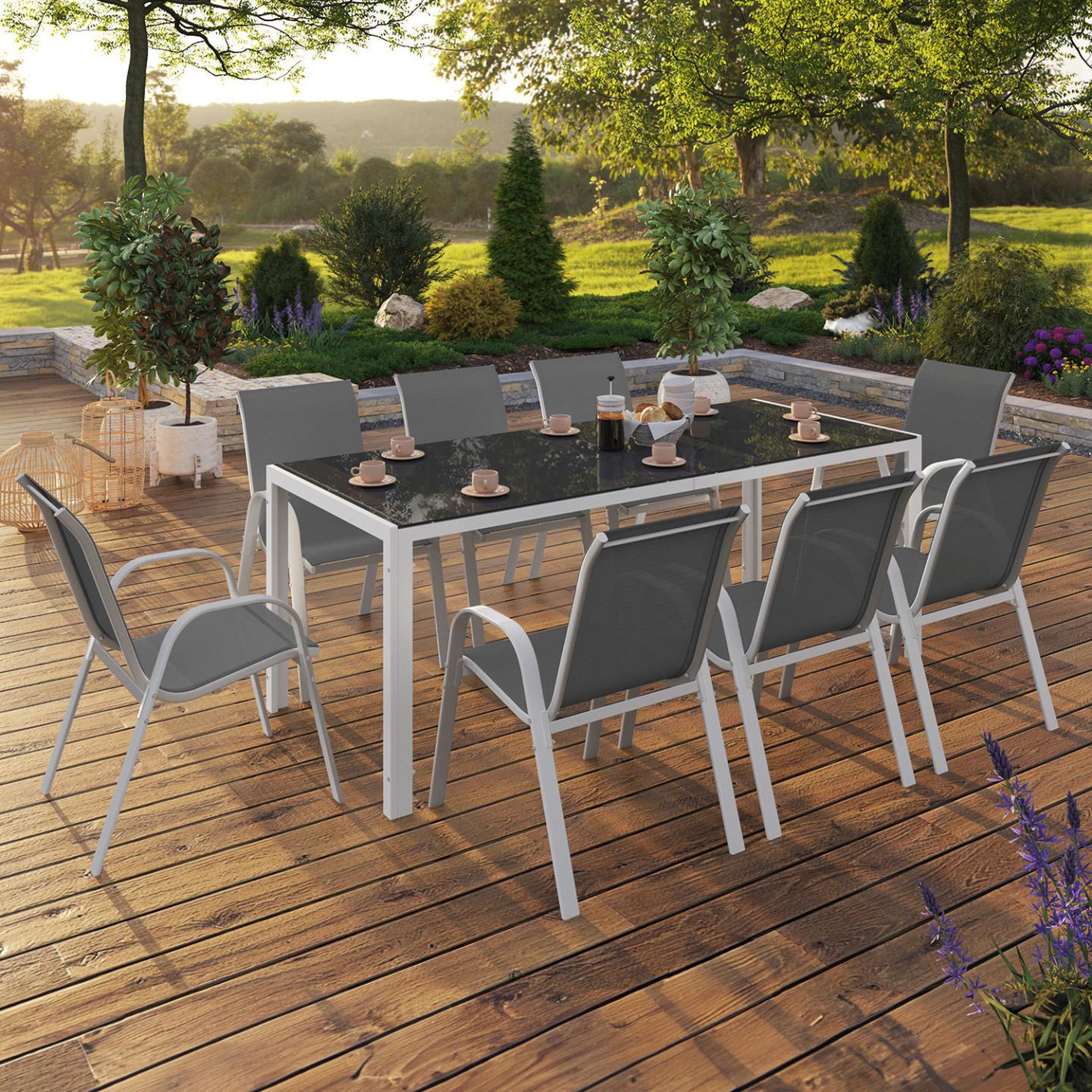 Voir la diapositive 2 : ID MARKET Salon de jardin madrid table 190 cm et 8 chaises empilables blanc et gris