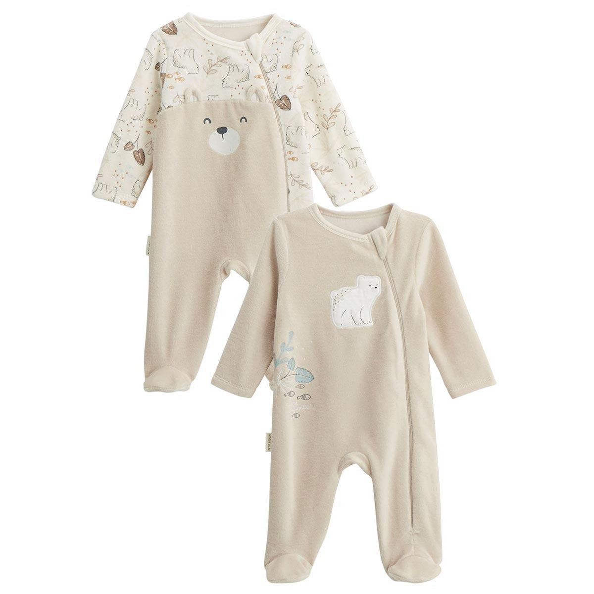 Petit Béguin Lot de 2 pyjamas bébé en velours ouverture zippée Câlins