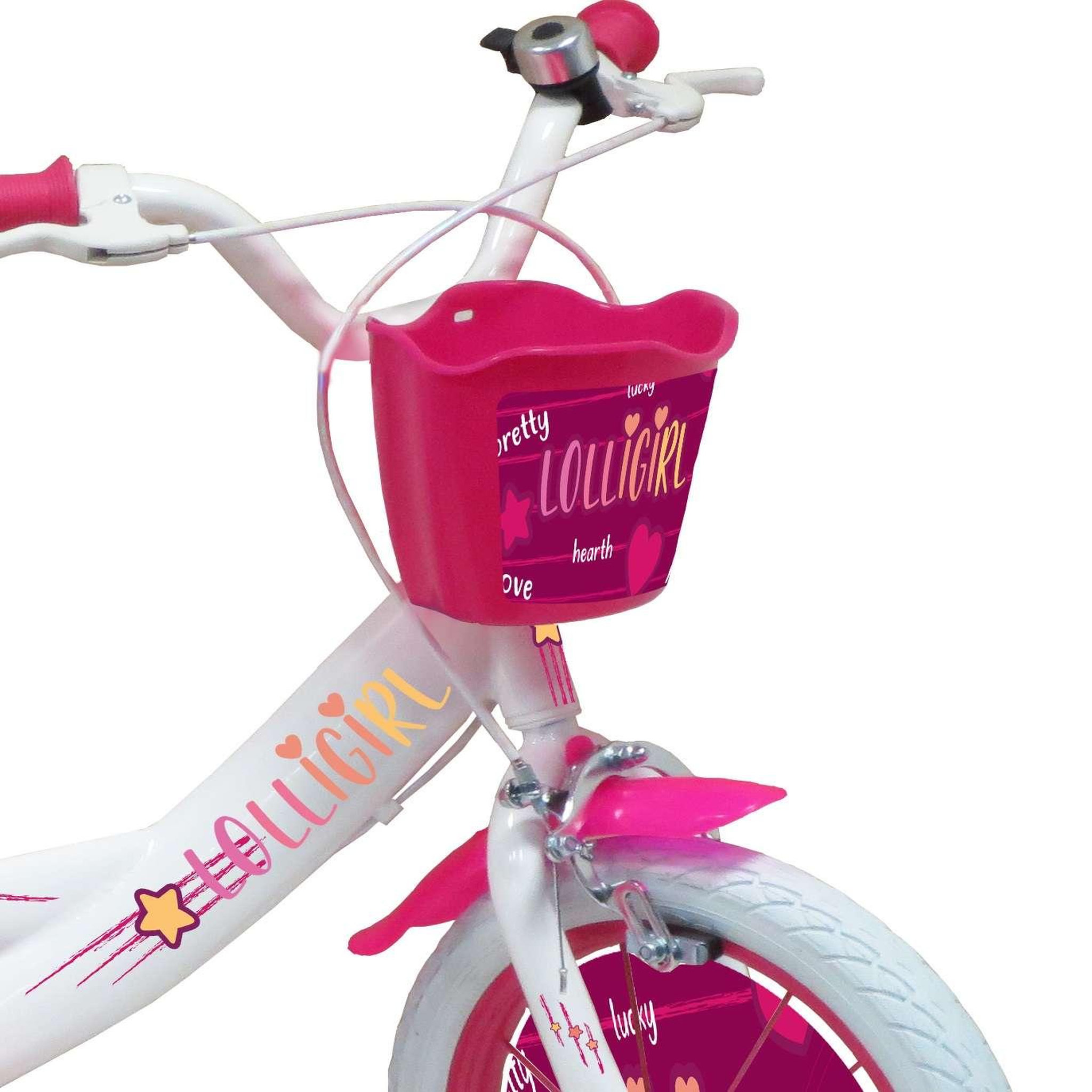 Voir la diapositive 4 : Vélo enfant - Modèle 14''Fille Lolli Girl pour enfant de 95 à 110 cm avec stabilisateurs - Panier avant - Coffre arrière - 2 freins et pneus gonflables