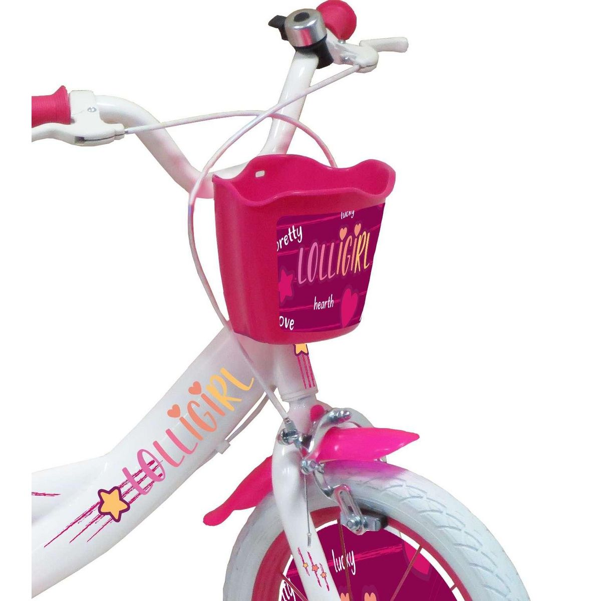 Vélo enfant - Modèle 14''Fille Lolli Girl pour enfant de 95 à 110 cm avec stabilisateurs - Panier avant - Coffre arrière - 2 freins et pneus gonflables