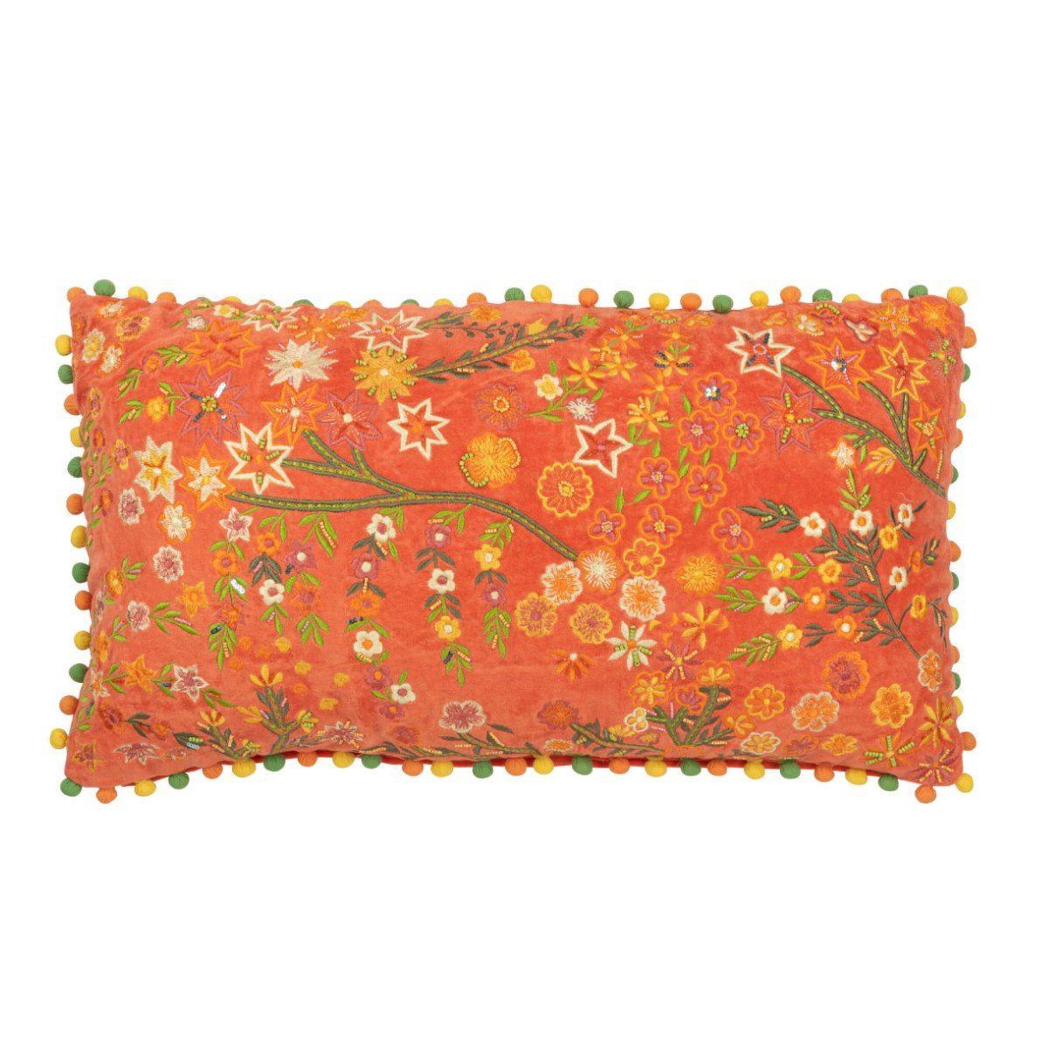 J-LINE Coussin velours design fleurs  mexican  35x65cm orange