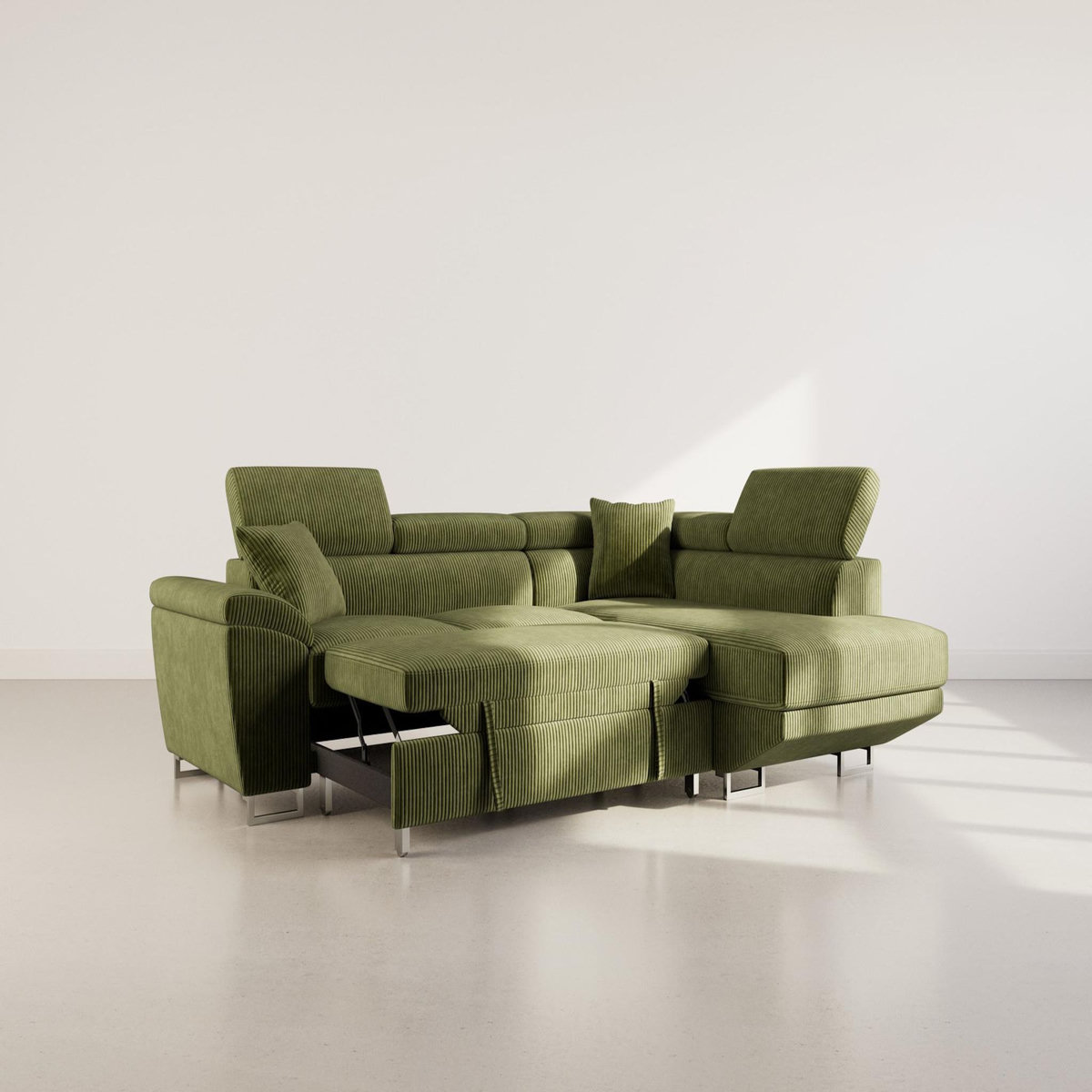 BEST MOBILIER Baoji - canapé d'angle droit 5 places convertible avec têtières et coffre en velours côtelé