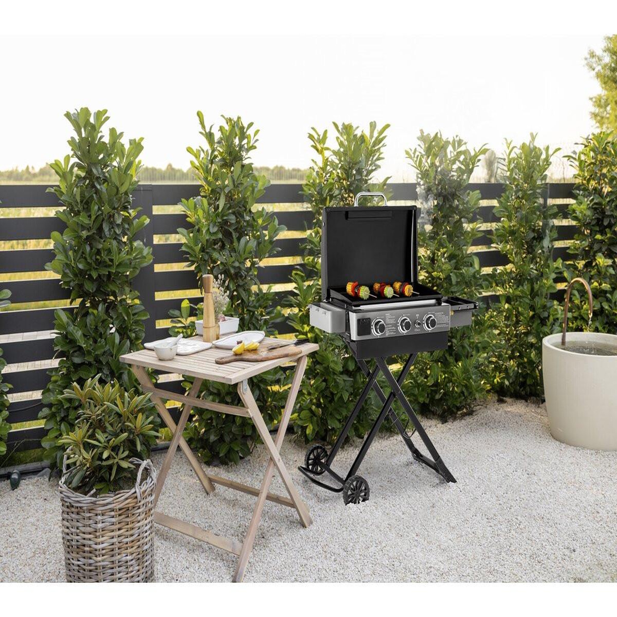 Voir la diapositive 2 : Habitat et Jardin Plancha à gaz avec chariot pliable et portable  firo  - 7,5 kw - noir