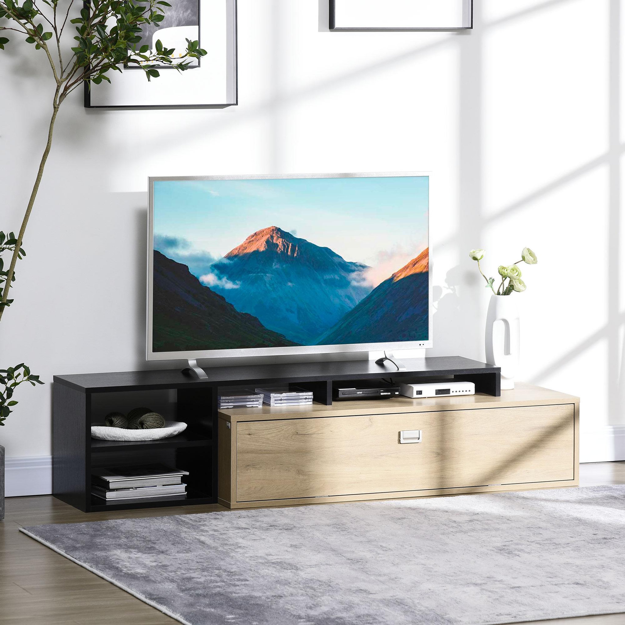 Voir la diapositive 2 : HOMCOM Meuble TV réversible design contemporain porte abattante 2 compartiments 4 niches MDF aspect chêne clair noir