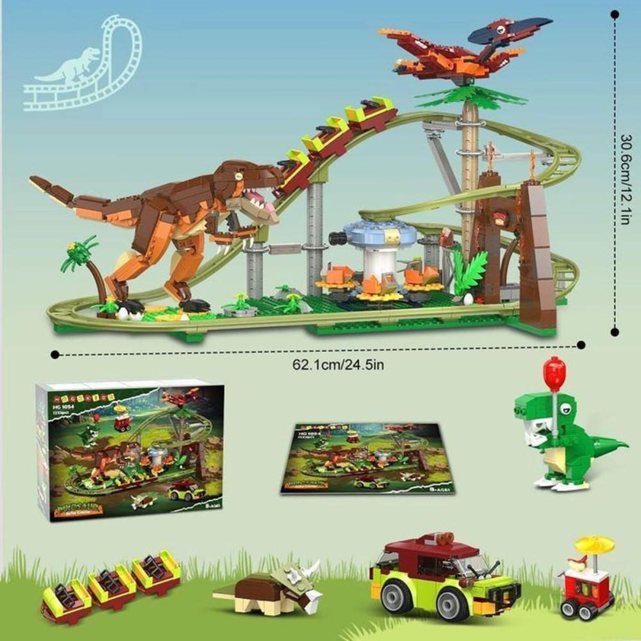 Voir la diapositive 2 : Kit de construction roller coaster dinosaures 1222 pièces, piste verte, 4 figurines et véhicules jungle