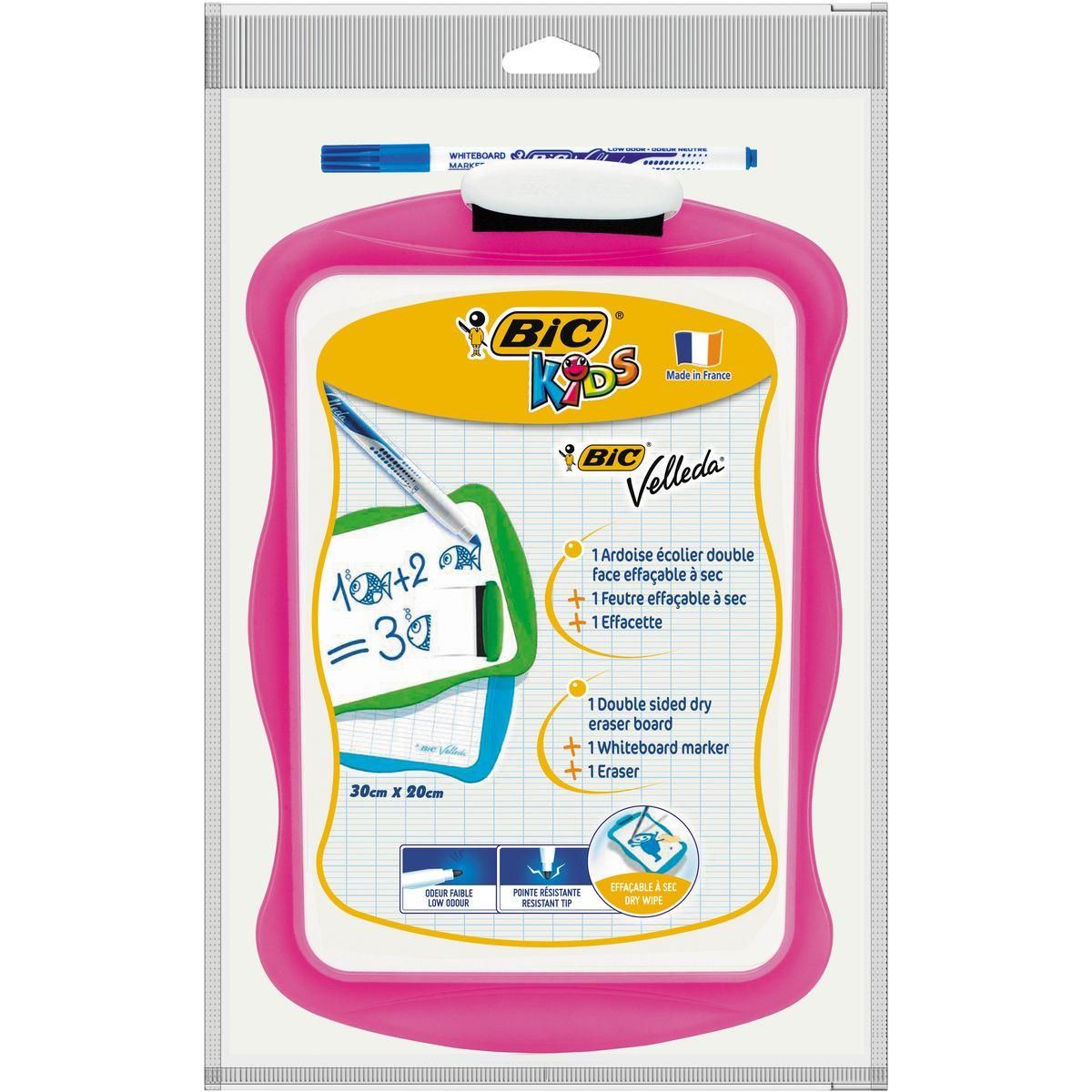 BIC Ardoise blanche 20x31cm bords rose + 1 feutre + 1 effacette