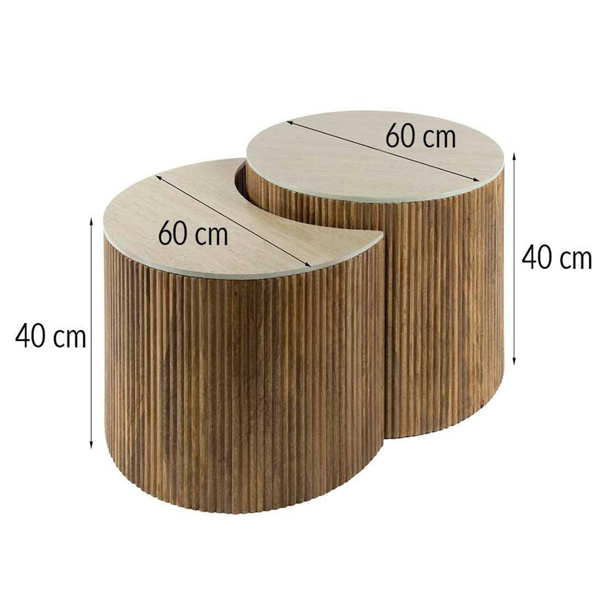 LISA DESIGN Jade - lot de 2 tables basses gigognes effet travertin - pieds en bois massif de manguier - 60 cm