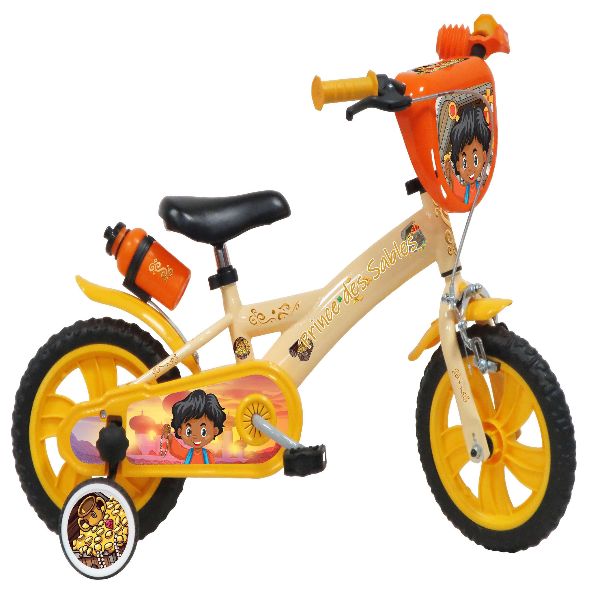 Voir la diapositive 1 : Vélo enfant - Modèle 12 Prince des sables pour enfant de 85/100 cm avec stabilisateurs - Plaque décorative - Porte bidon - 1 frein