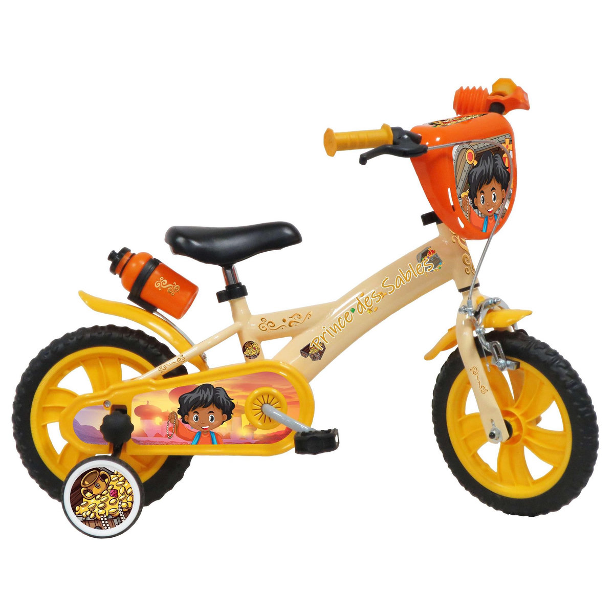 Vélo enfant - Modèle 12 Prince des sables pour enfant de 85/100 cm avec stabilisateurs - Plaque décorative - Porte bidon - 1 frein