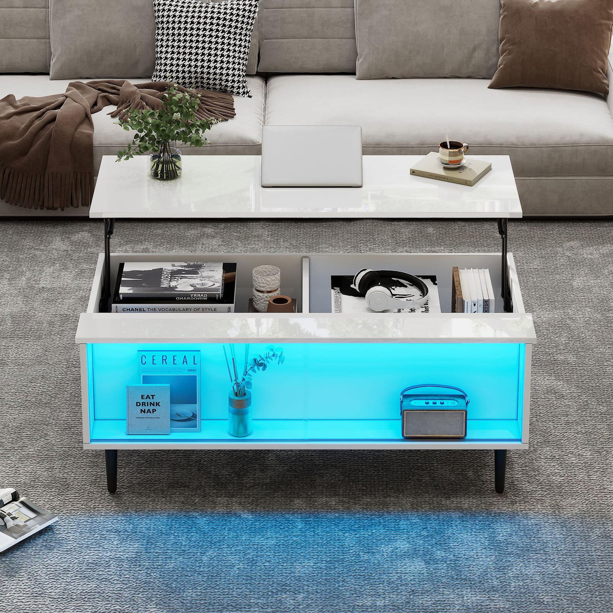 MERAX Table basse relevable rectangulaire blanc - 50x105 cm led panneau de particules